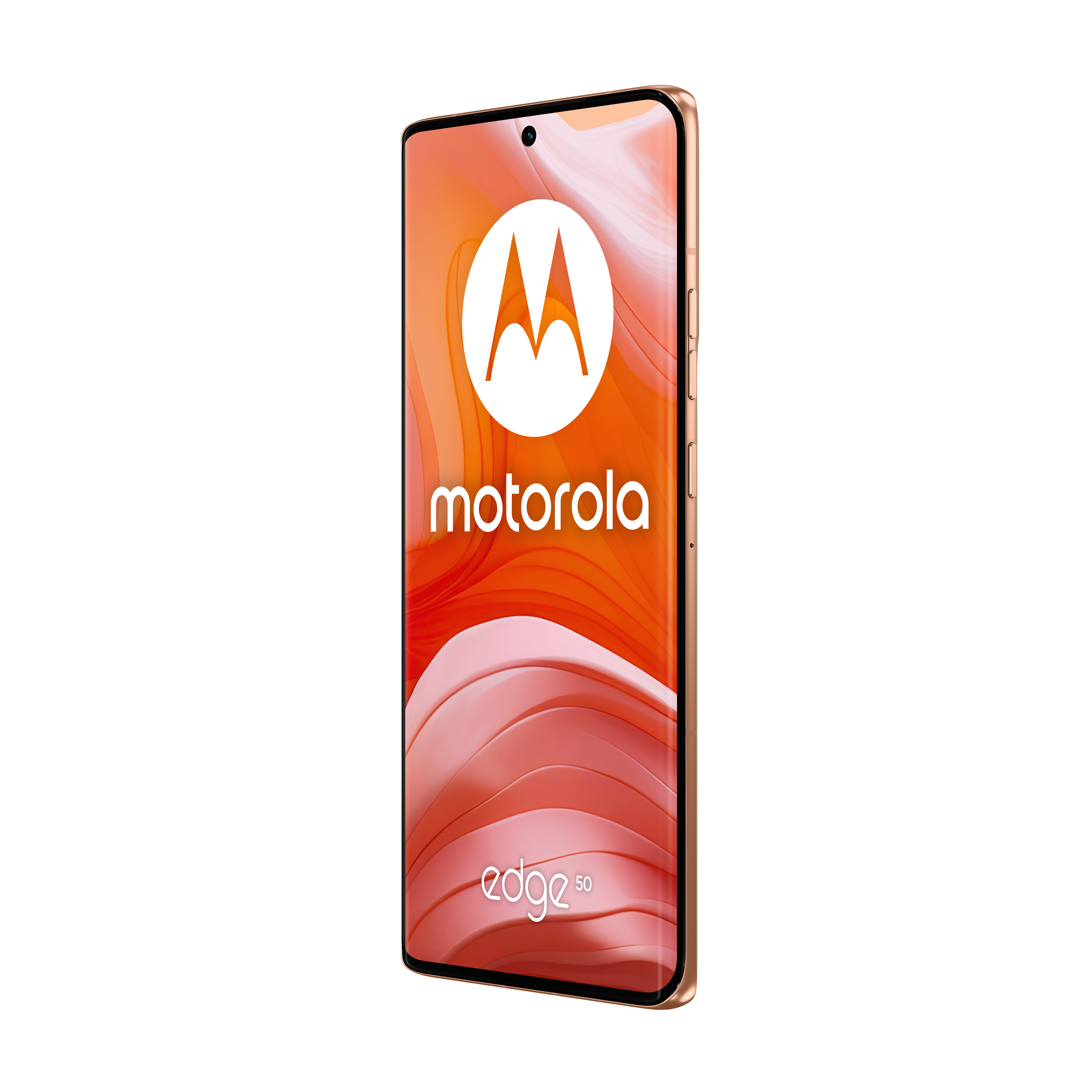 Telefon Motorola Edge 50, pomarańczowy ekran z logo, złota ramka. Białe tło.