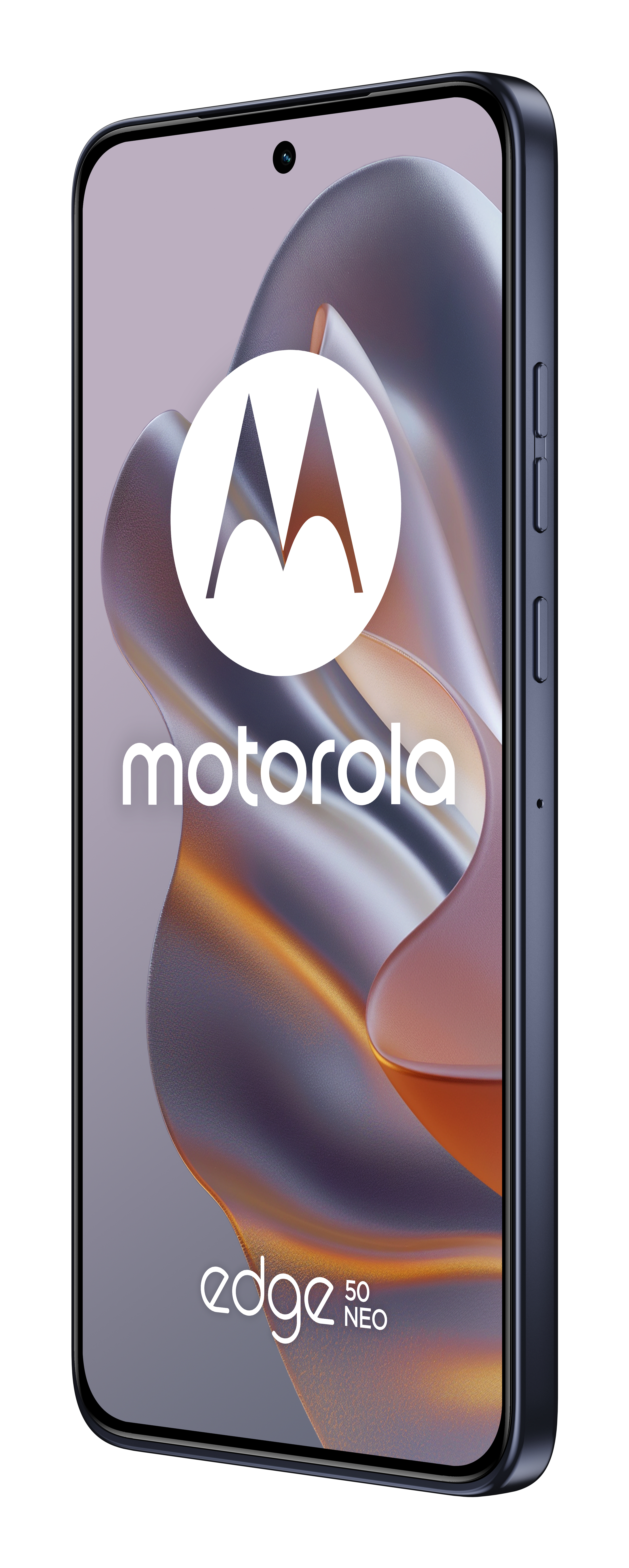 Smartfon Motorola Edge 50 Neo. Jest ciemnoniebieski z dużym logo Motorola na ekranie.