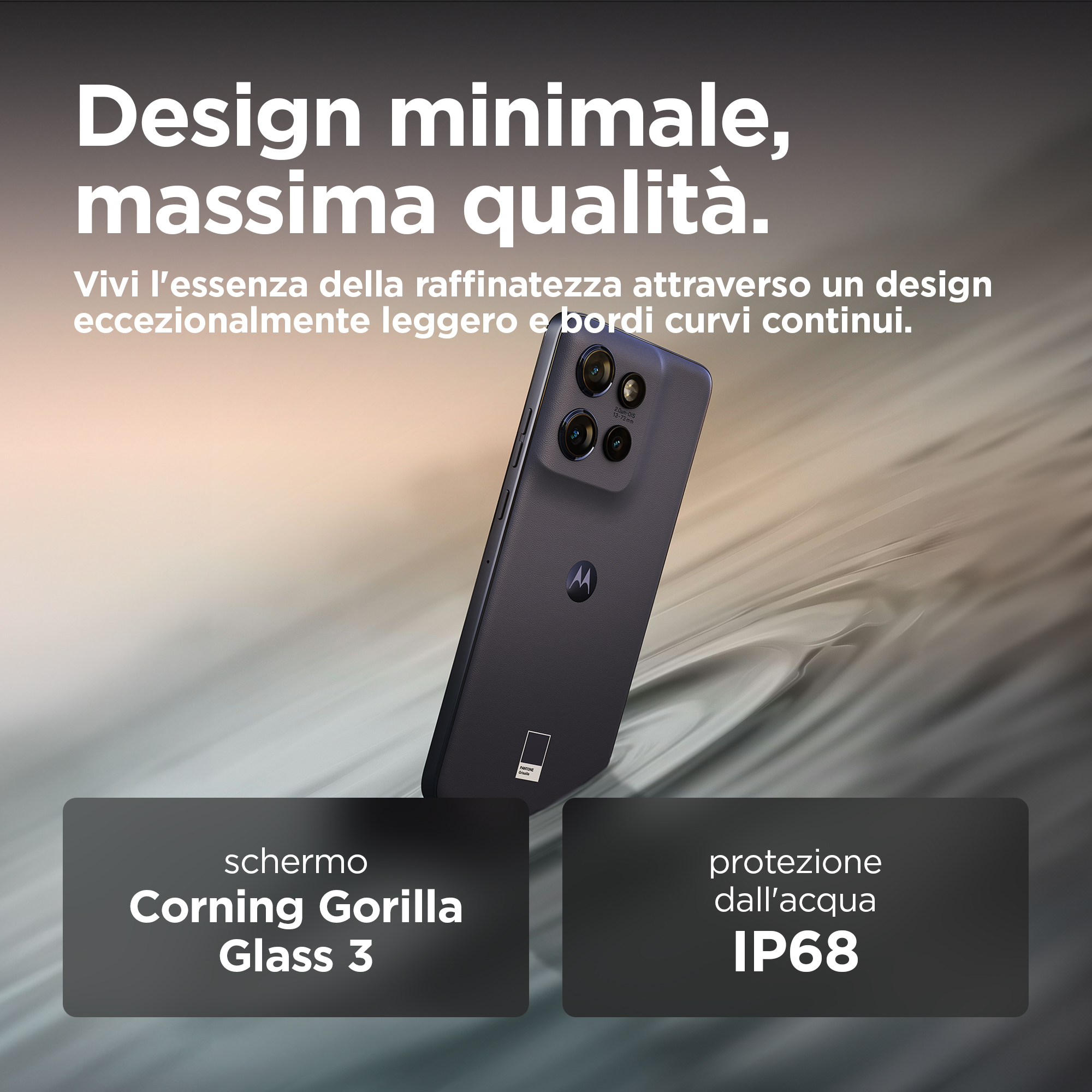 Czarny telefon z trzema aparatami, tekst o Gorilla Glass i wodoodporności IP68.