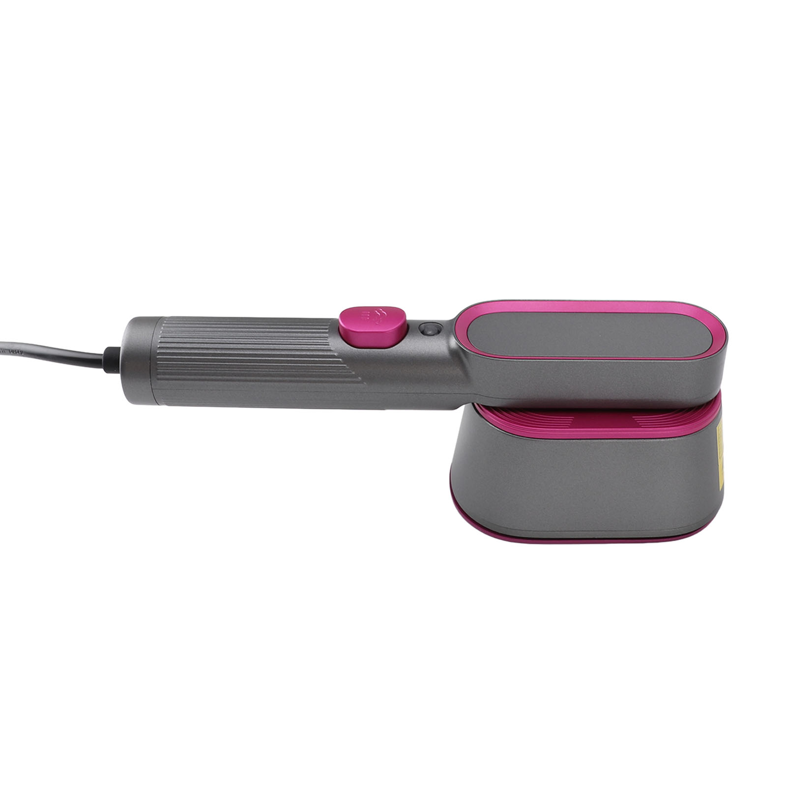 Graues und pinkfarbenes Reisebügeleisen mit pinkfarbener Taste. Mit schwarzem Netzkabel verbunden.