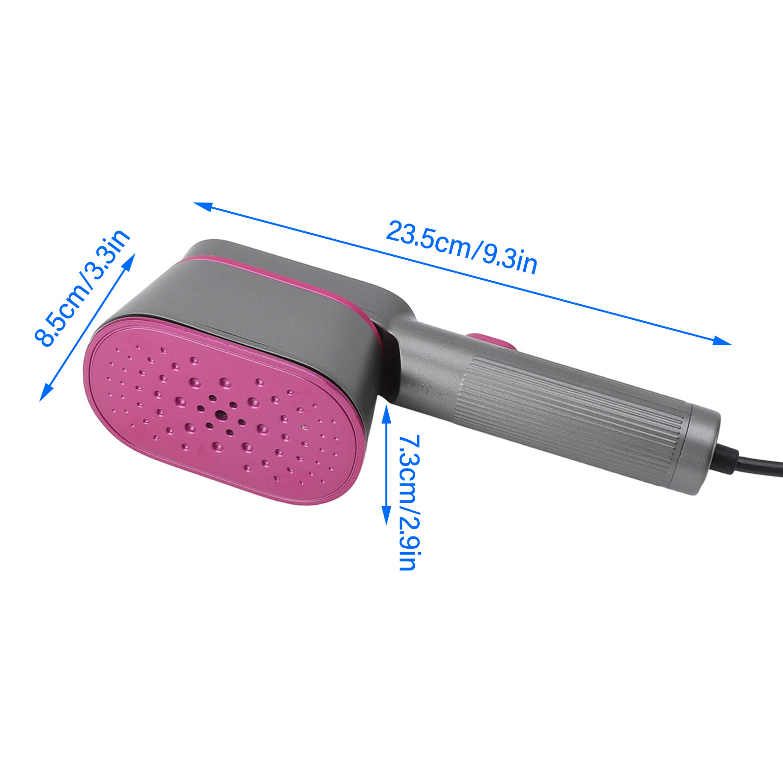 Hand-Kleidungsdampfer, grau und rosa, mit Maßangaben und schwarzem Kabel.