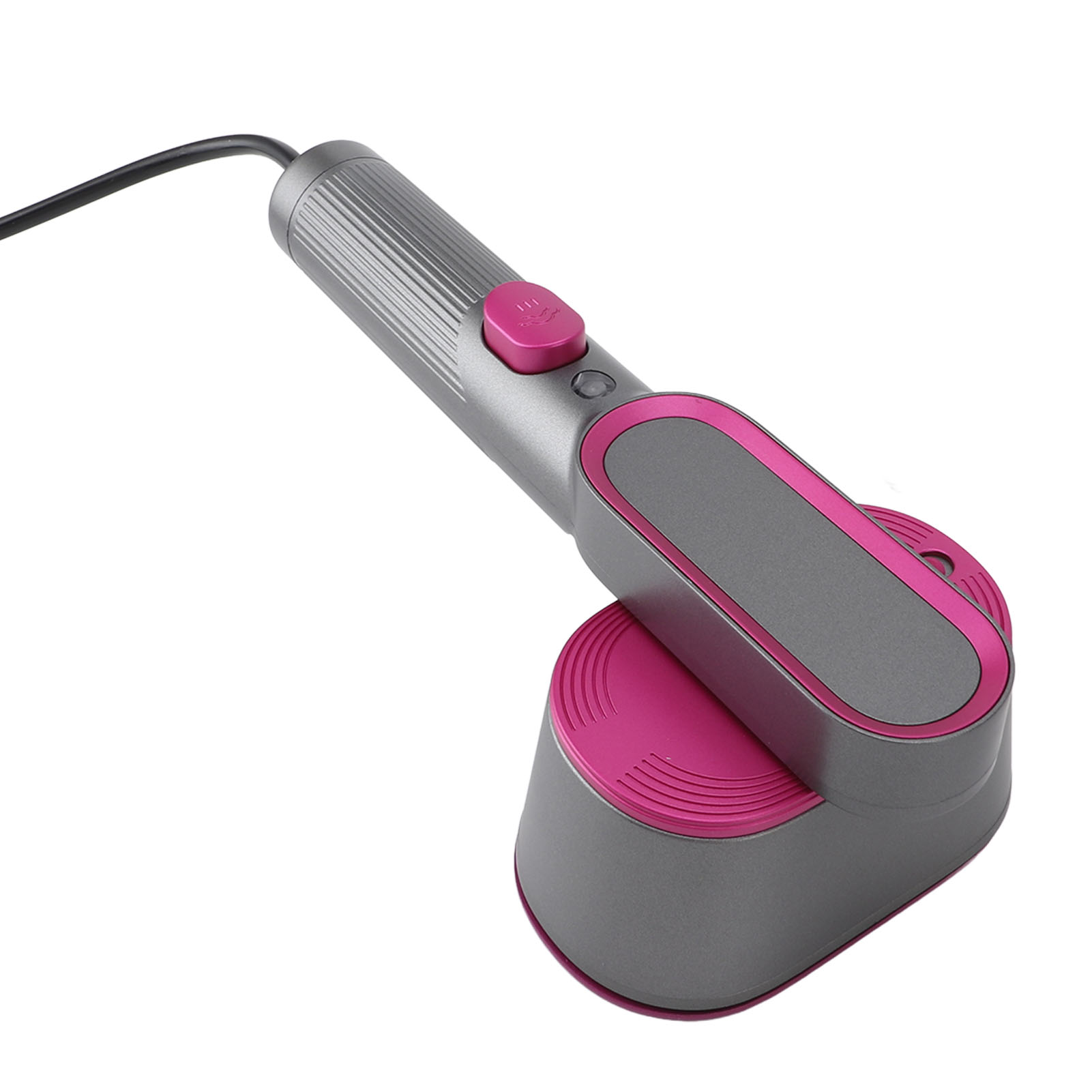 Ein grau-rosa Kleiderdampfer mit Sockel. Es hat einen Einschaltknopf und einen rosa Akzent.