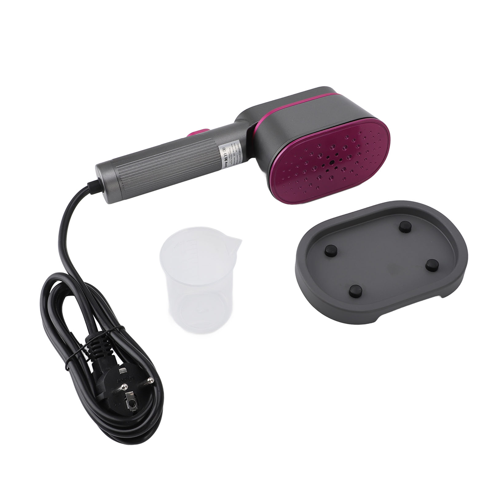 Ein grauer und violetter Kleiderdampfer mit Zubehör: Messbecher, Ständer und Netzkabel.