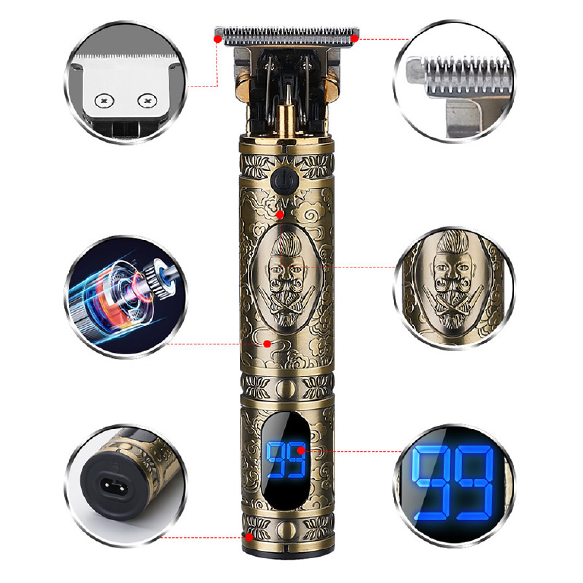 Nahaufnahme eines Trimmers mit detaillierten Ansichten von Klingen und Innenteilen, Gold- und Schwarzakzente.