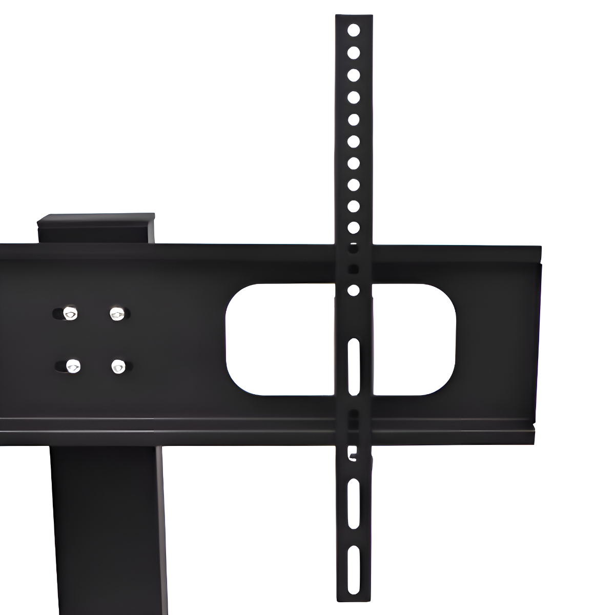 Schwarze TV-Halterung mit vertikaler Stange und Löchern. Metallkonstruktion auf weißem Hintergrund.