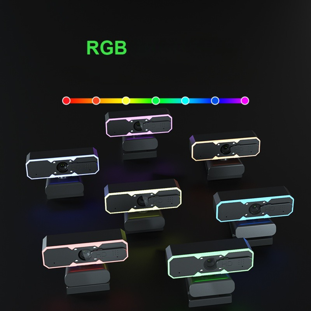 Webcams mit RGB-Lichtern in verschiedenen Farben, in einer Reihe angeordnet. Schwarzer Hintergrund.