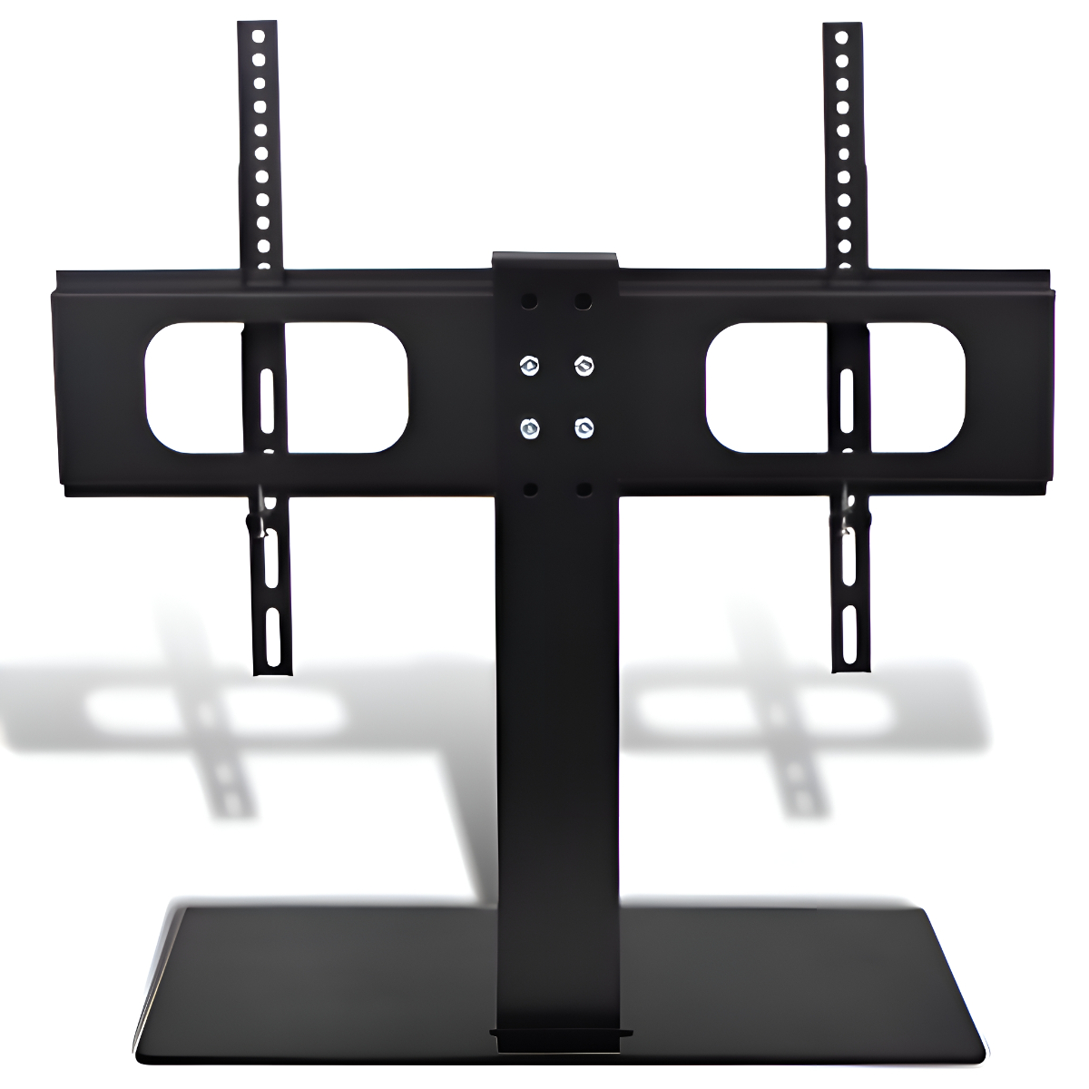 Schwarzer TV-Ständer mit zwei vertikalen Montageplatten und einer großen Basis. Weißer Hintergrund.