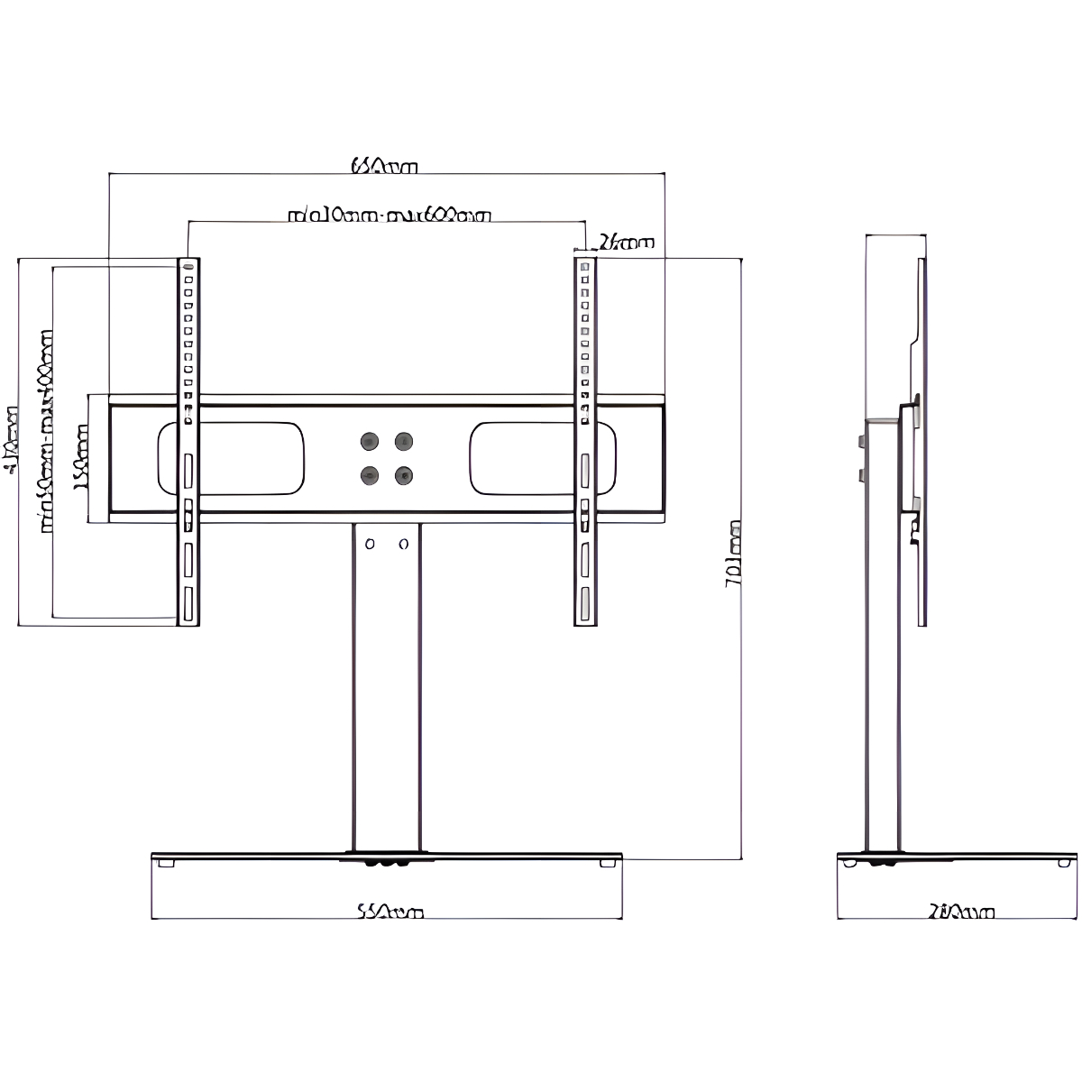 Diagramm mit Abmessungen eines TV-Ständers, Seiten- und Vorderansicht.