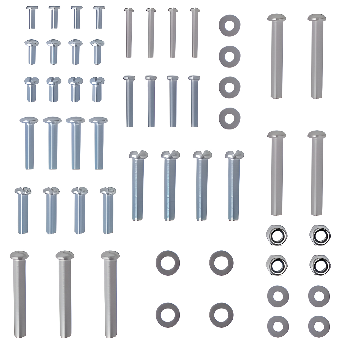 Verschiedene Metallnieten, -schrauben und -scheiben auf weißem Hintergrund angeordnet.
