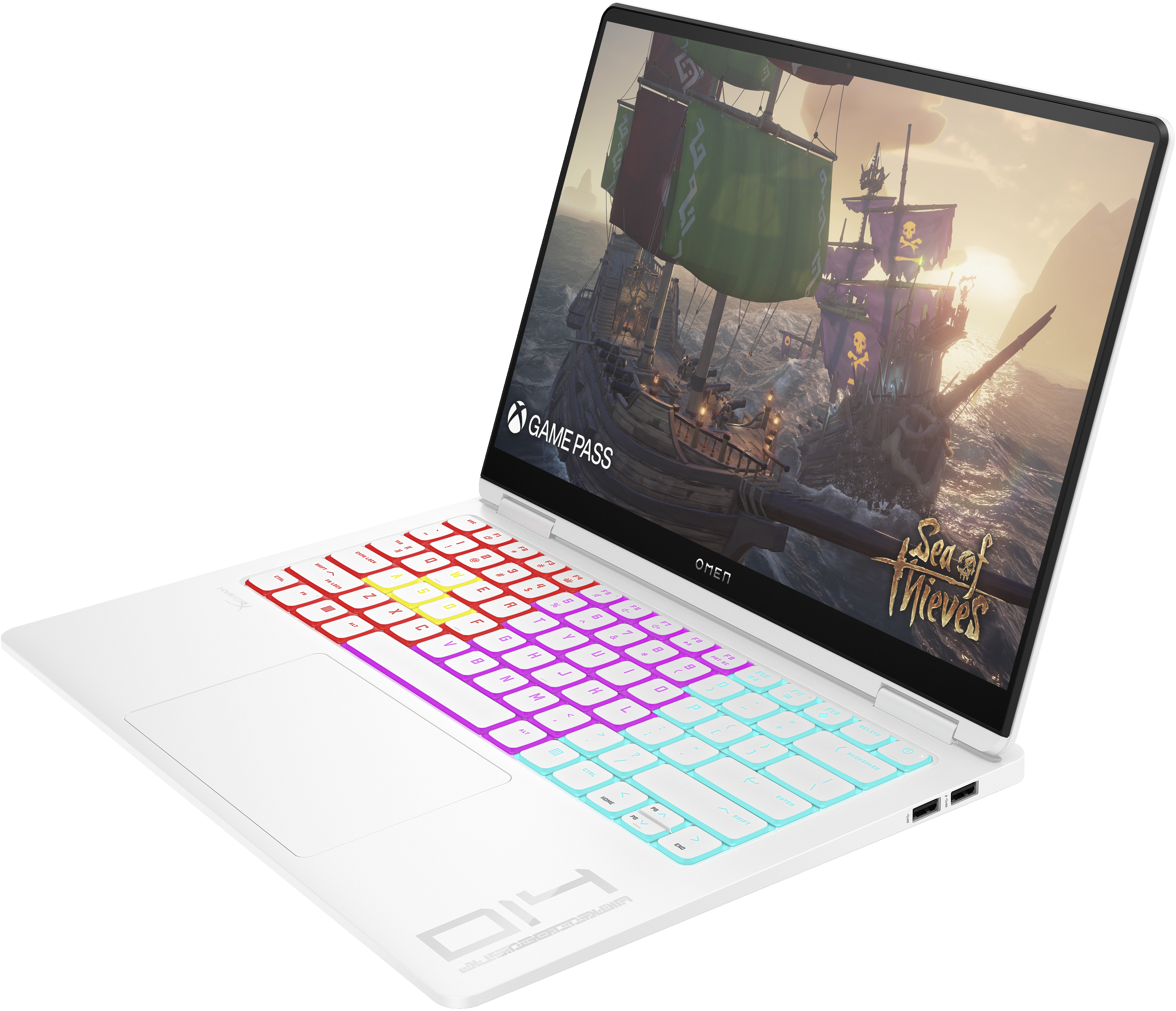 Witte laptop met spel, kleurrijk toetsenbord en logo van game streaming service.