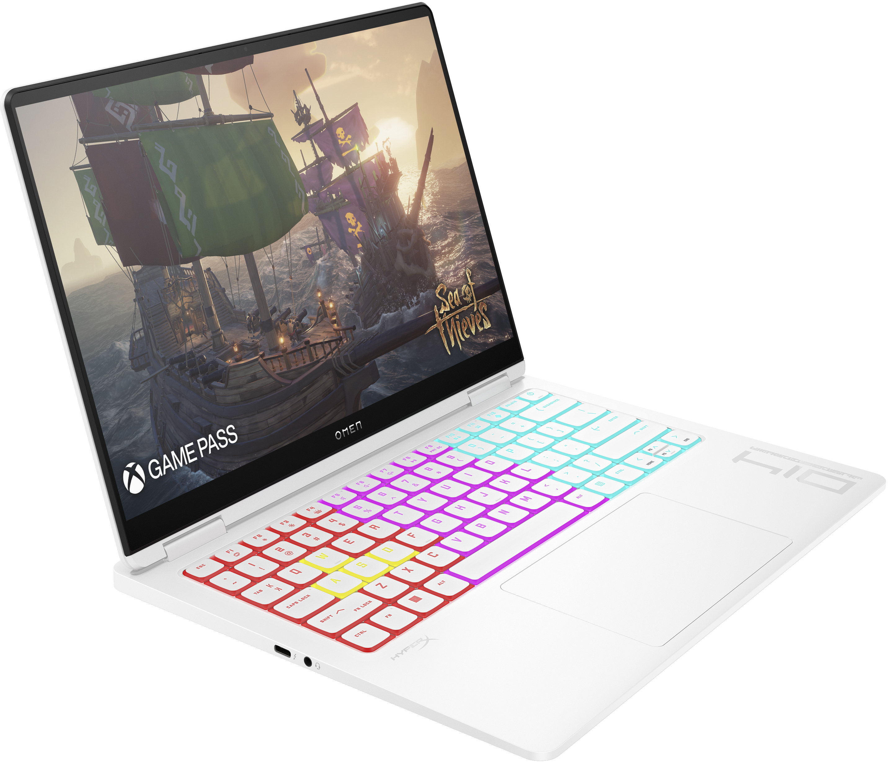 Witte laptop met kleurrijk toetsenbord. Scherm toont een game-scene. Xbox Game Pass logo.