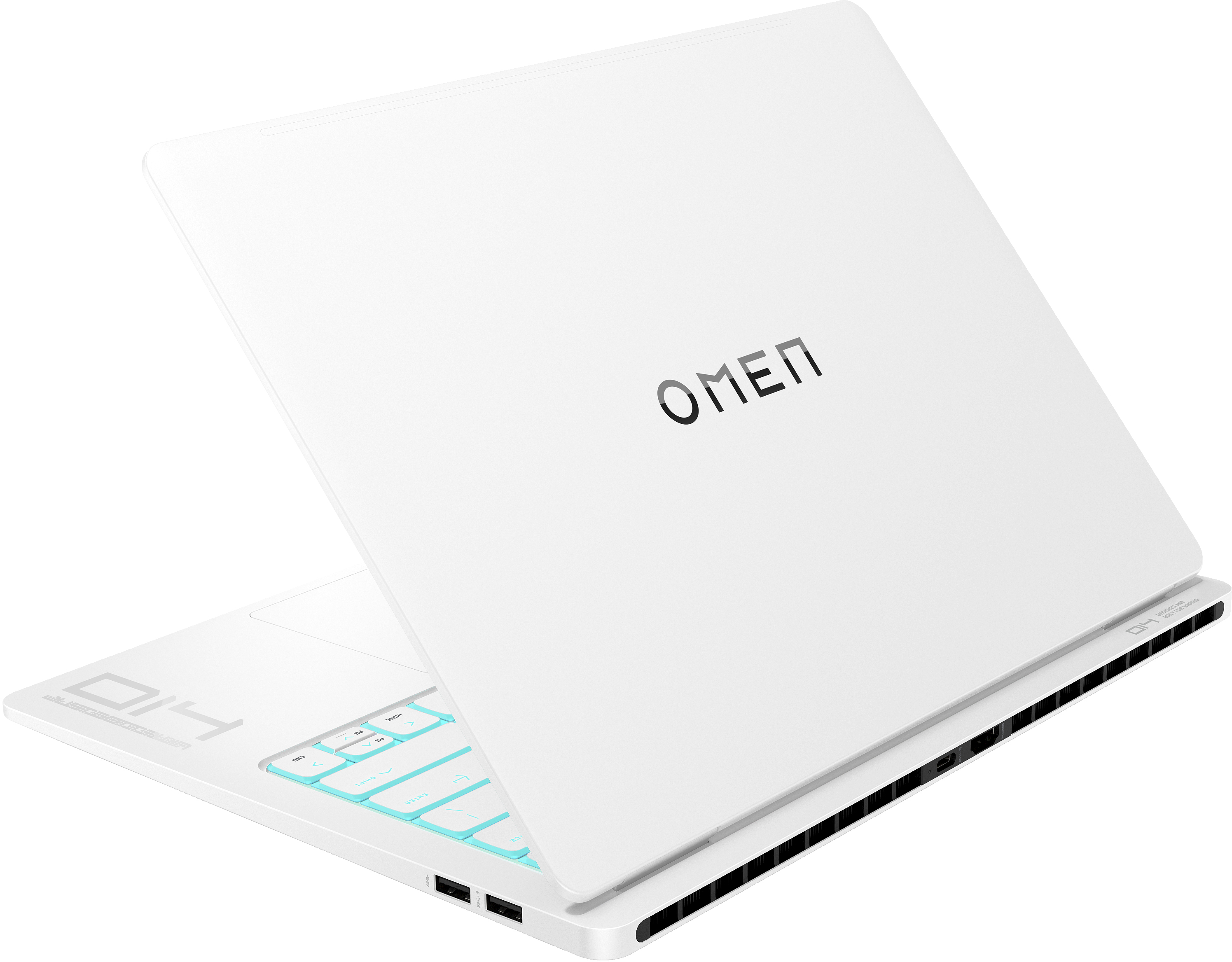 Een witte laptop wordt van achteren getoond, met het OMEN-logo zichtbaar. Het toetsenbord is gedeeltelijk zichtbaar.