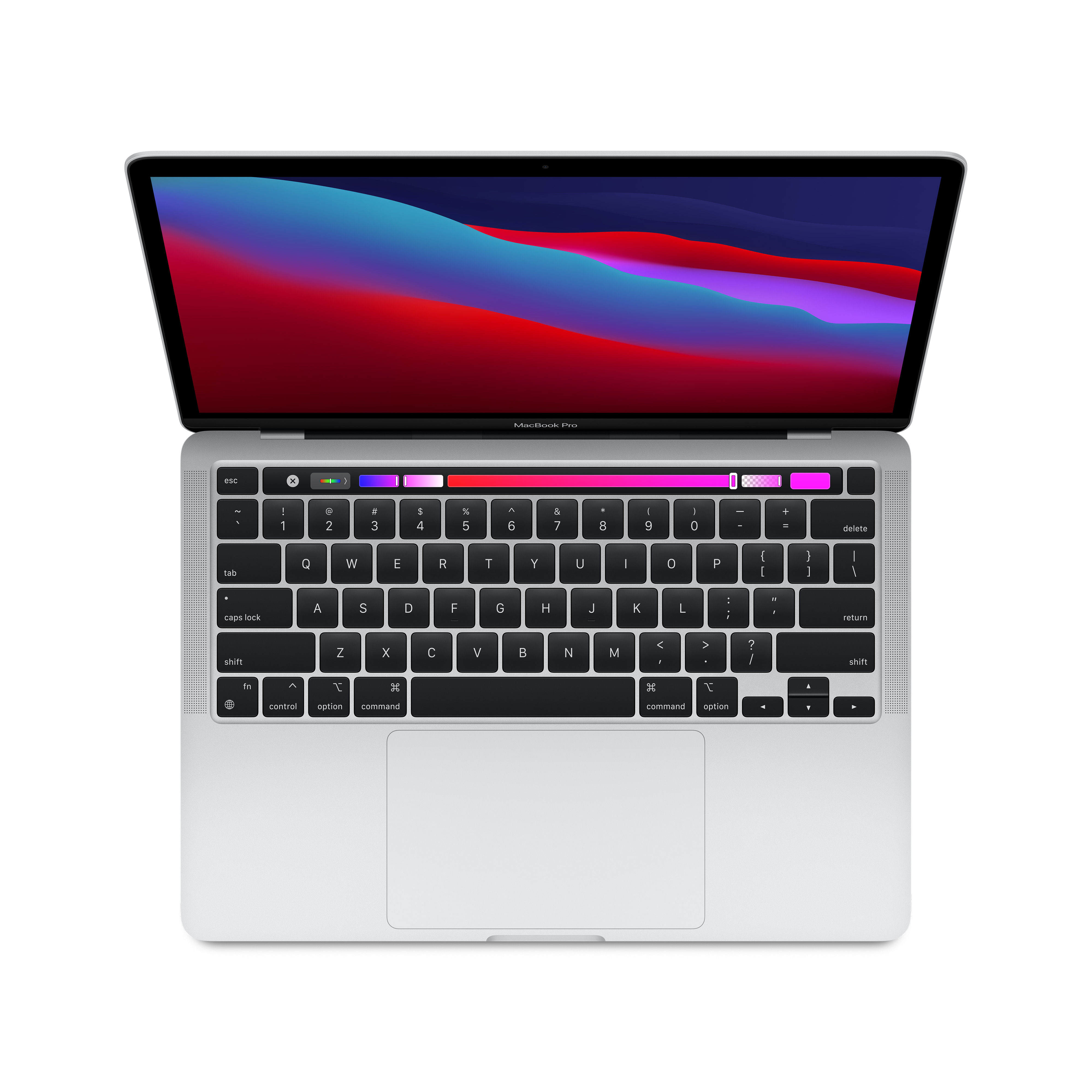 Srebrny Macbook Pro, widok z góry, otwarty. Widoczna klawiatura, gładzik i ekran.