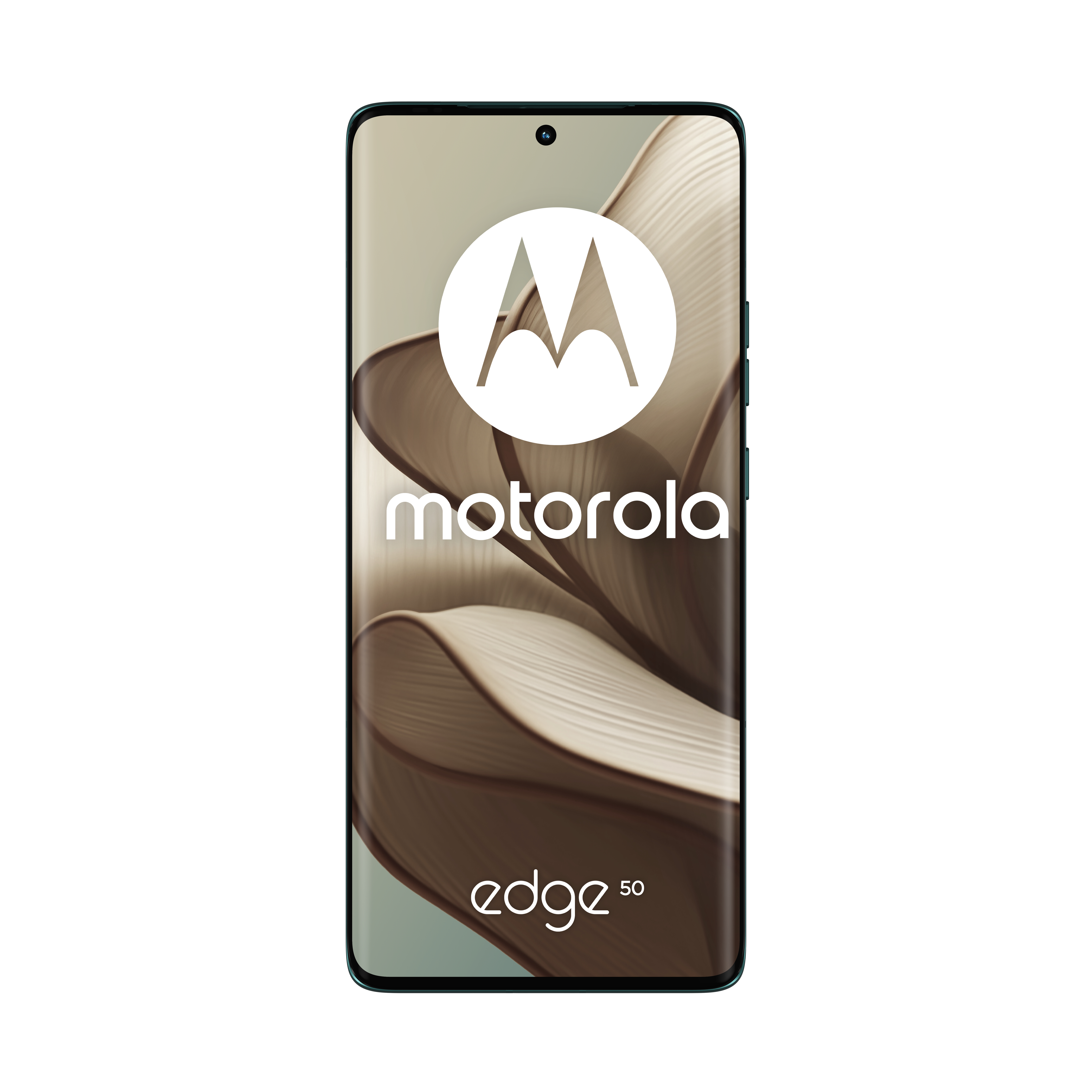 Telefon Motorola Edge 50. Ekran wyświetla logo Motorola. Elegancki design z zakrzywionym ekranem.