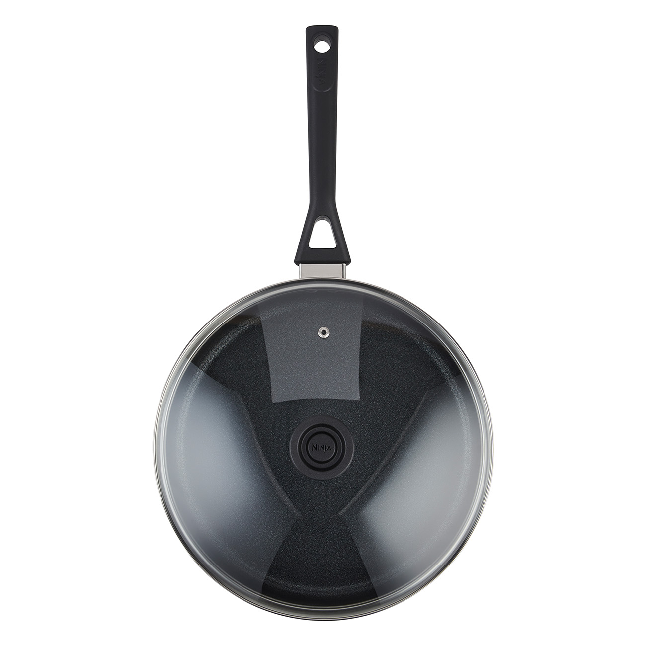Schwarze Ninja-Bratpfanne mit Glasdeckel, Draufsicht, mit schwarzem Griff und dem Ninja-Logo.