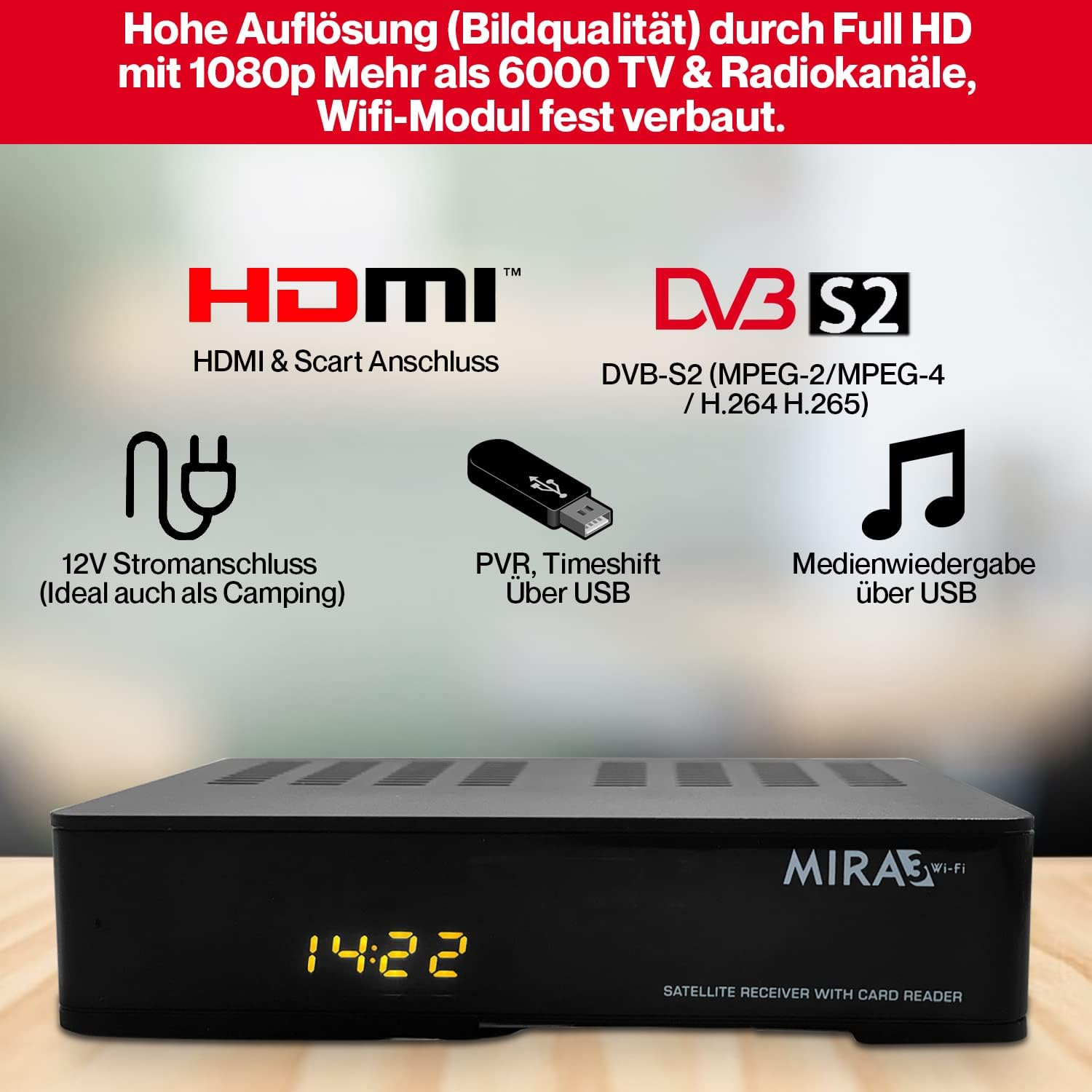 Ein schwarzer Satellitenreceiver mit digitaler Anzeige. Text und Symbole auf der Oberseite.