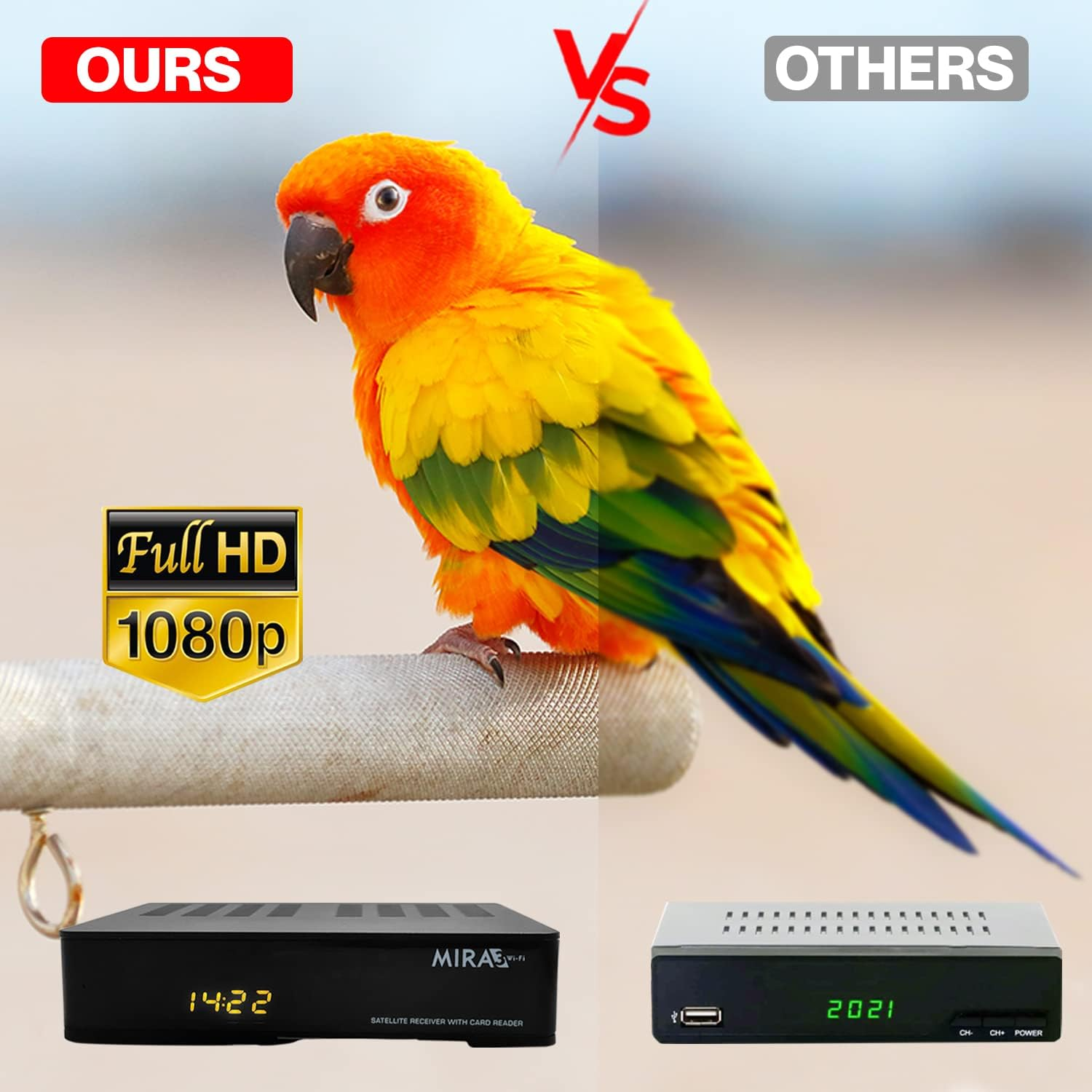 Vergleich eines Satellitenreceivers; ein Papagei sitzt auf dem besseren Receiver vs. dem anderen.