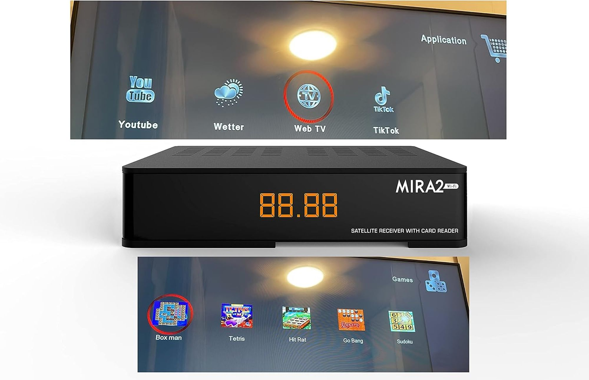 TV-Bildschirm mit Apps wie YouTube und Web TV.