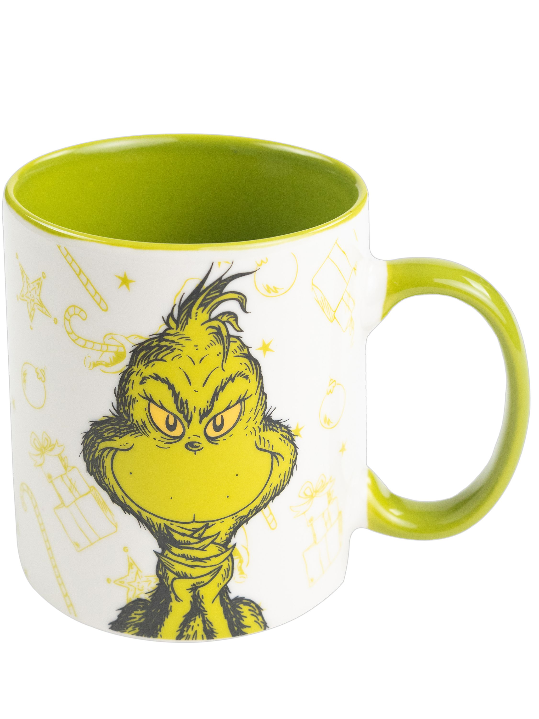 Grinch-Tasse mit dem Gesicht des Grinch. Die Tasse ist weiß mit grünen Details und einem grünen Henkel. Weihnachtssymbole sind darauf.