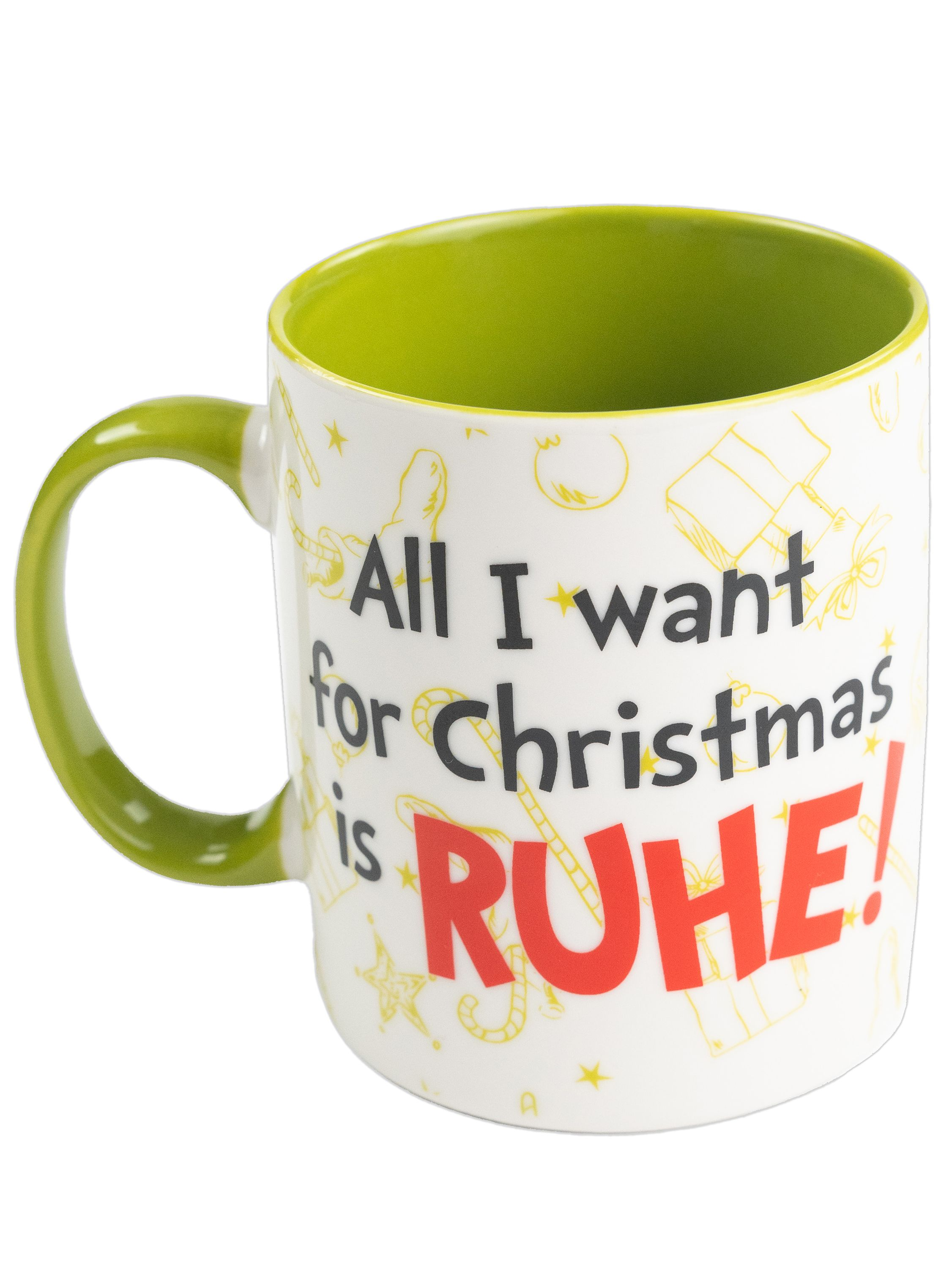 Weihnachtstasse mit Text 'All I want for Christmas is RUHE!' mit festlichen Zeichnungen.