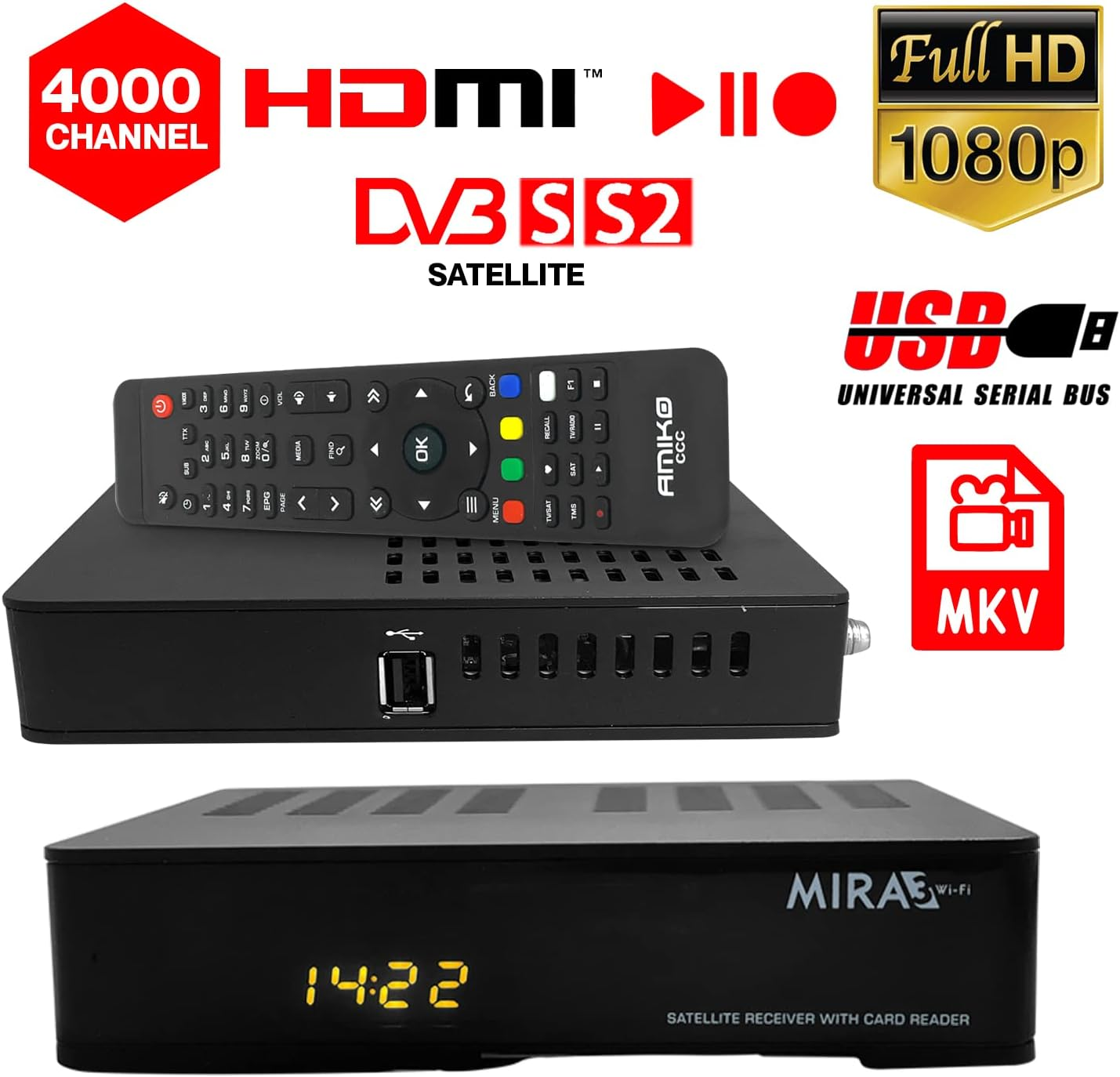 Schwarzer Satellitenreceiver mit Fernbedienung und Logos für HDMI, USB und Full HD. Auch eine Uhr.