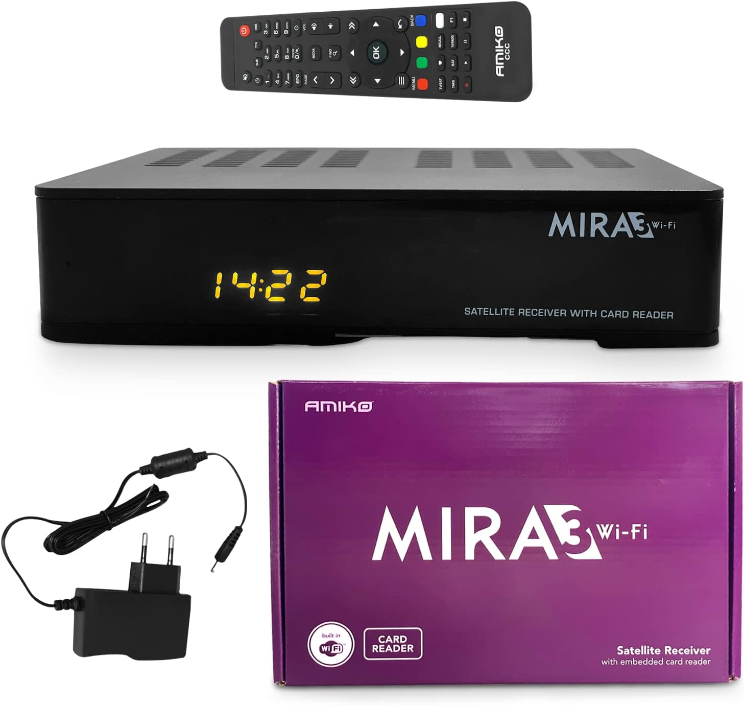 Eine schwarze Empfängerbox mit Fernbedienung, Netzteil und einer lila Box mit Text.