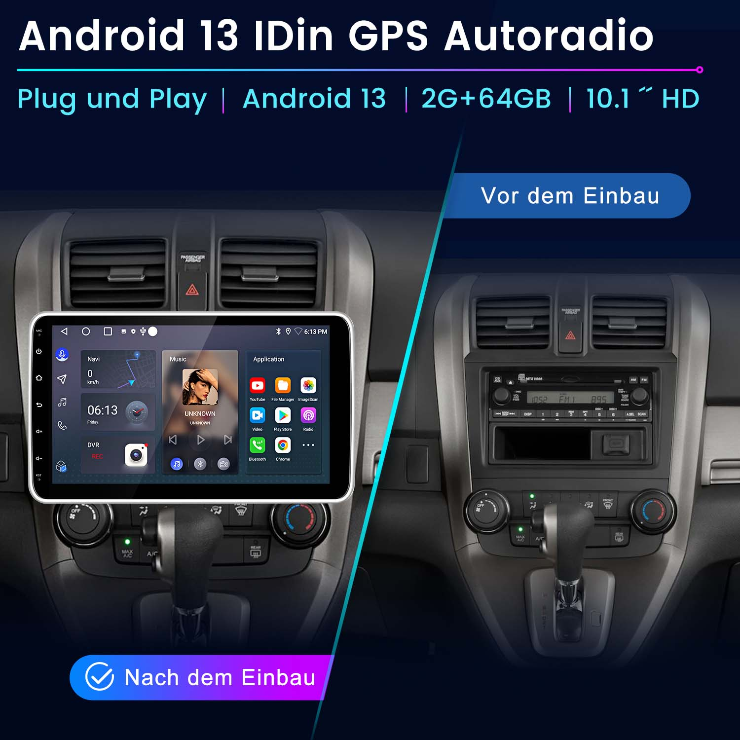 Deska rozdzielcza samochodu z ekranem Android, widoki przed i po instalacji.