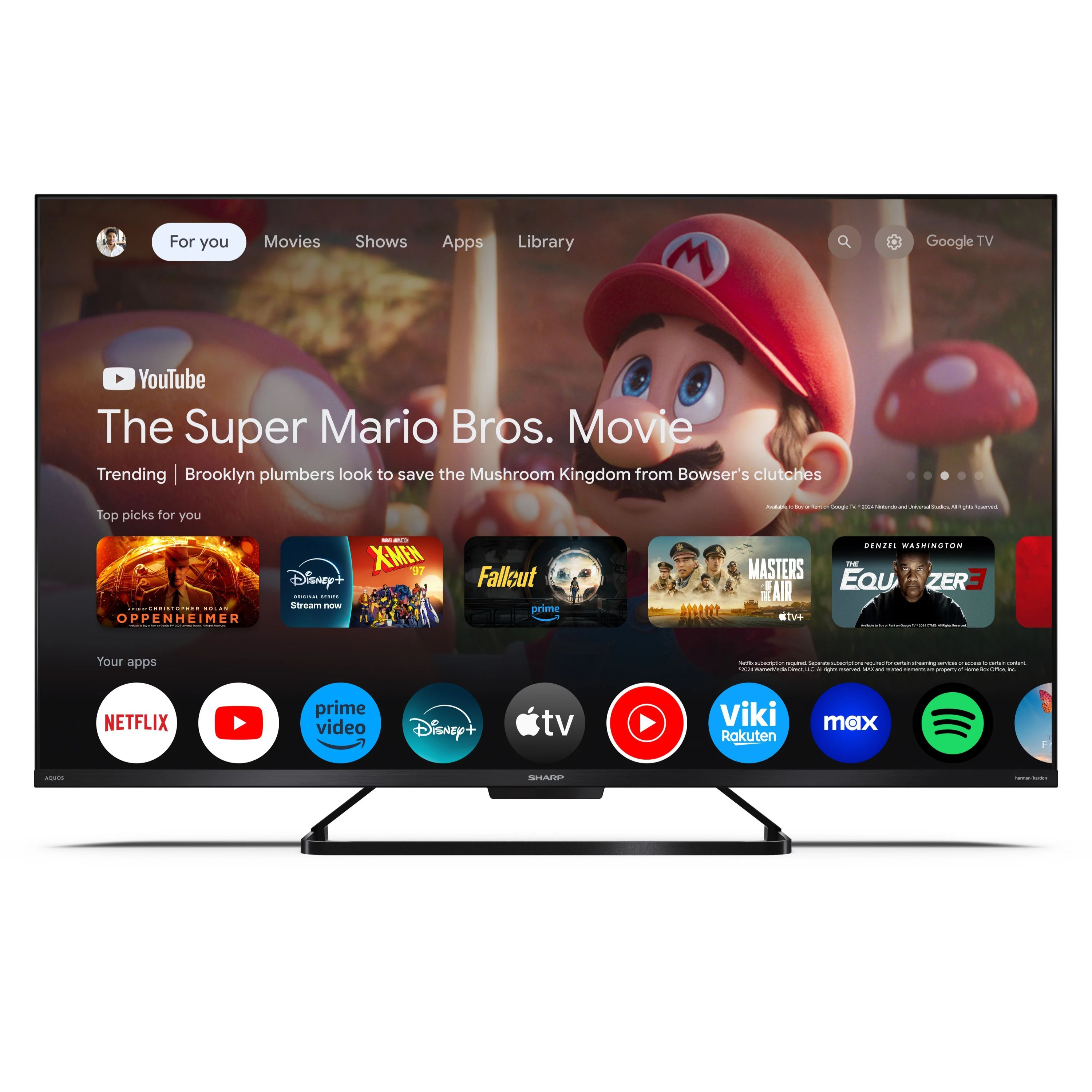 Un grand écran de télévision affichant l'interface du film Super Mario Bros.