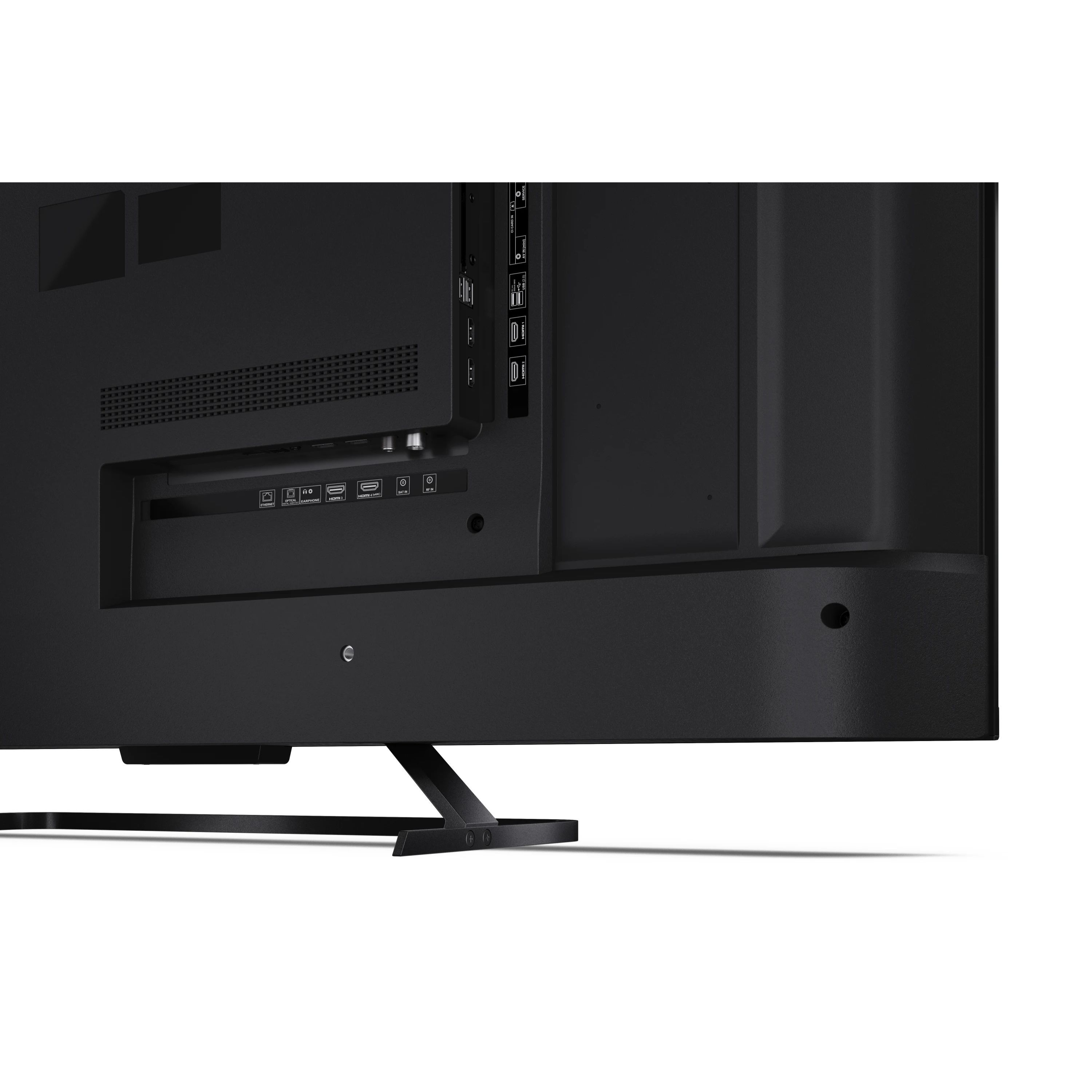 Arrière d'une télévision noire avec ports et pied, sur fond blanc.