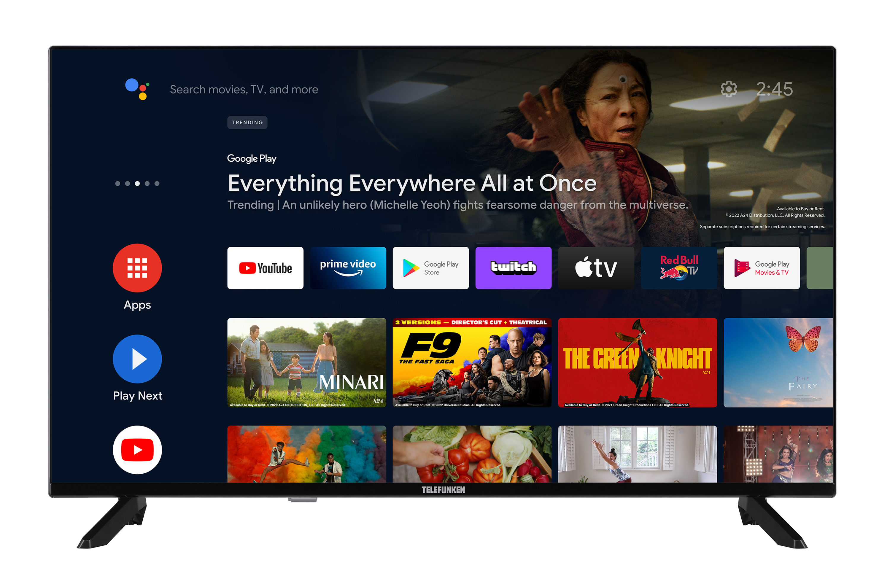 Ein großer Fernsehbildschirm, der den Film 'Everything Everywhere All at Once' zeigt.
