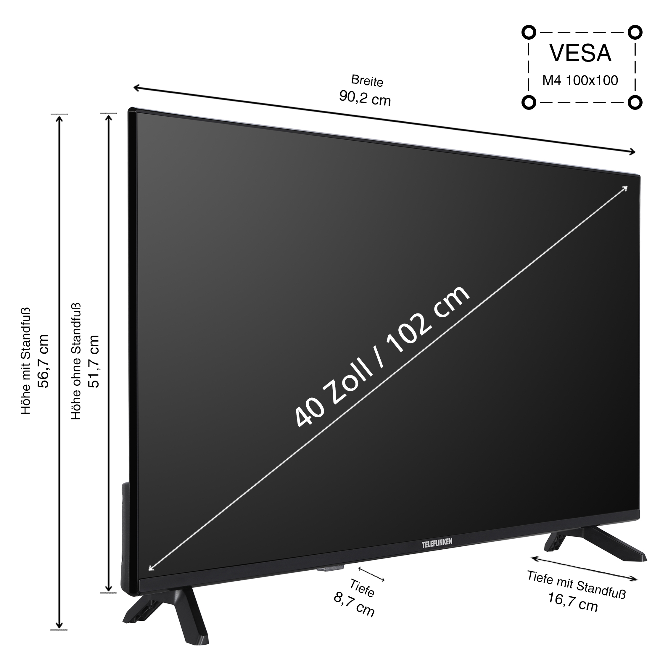 Schwarzer Fernseher mit Abmessungen und VESA-Halterungsinformationen.