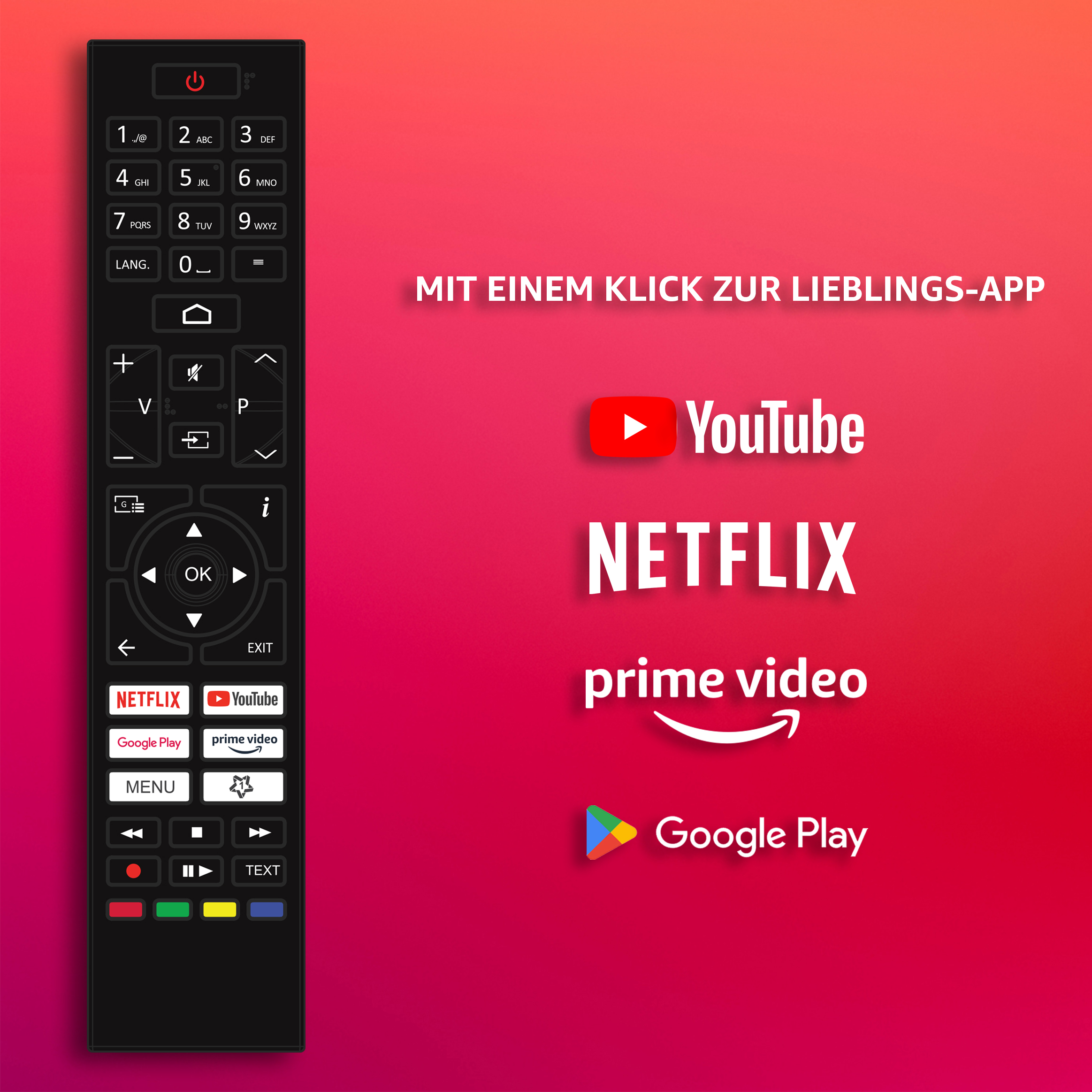 Fernbedienung mit Tasten und Logos für YouTube, Netflix und Prime Video.