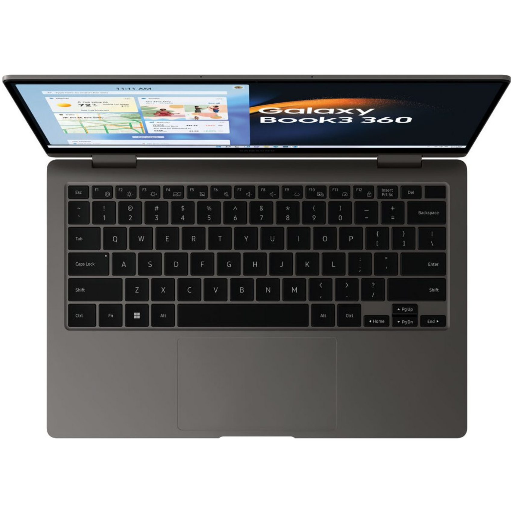 Ein Laptop ist geöffnet und zeigt einen Bildschirm mit Kalender und Wetter-Widget an. Die Tastatur ist sichtbar.