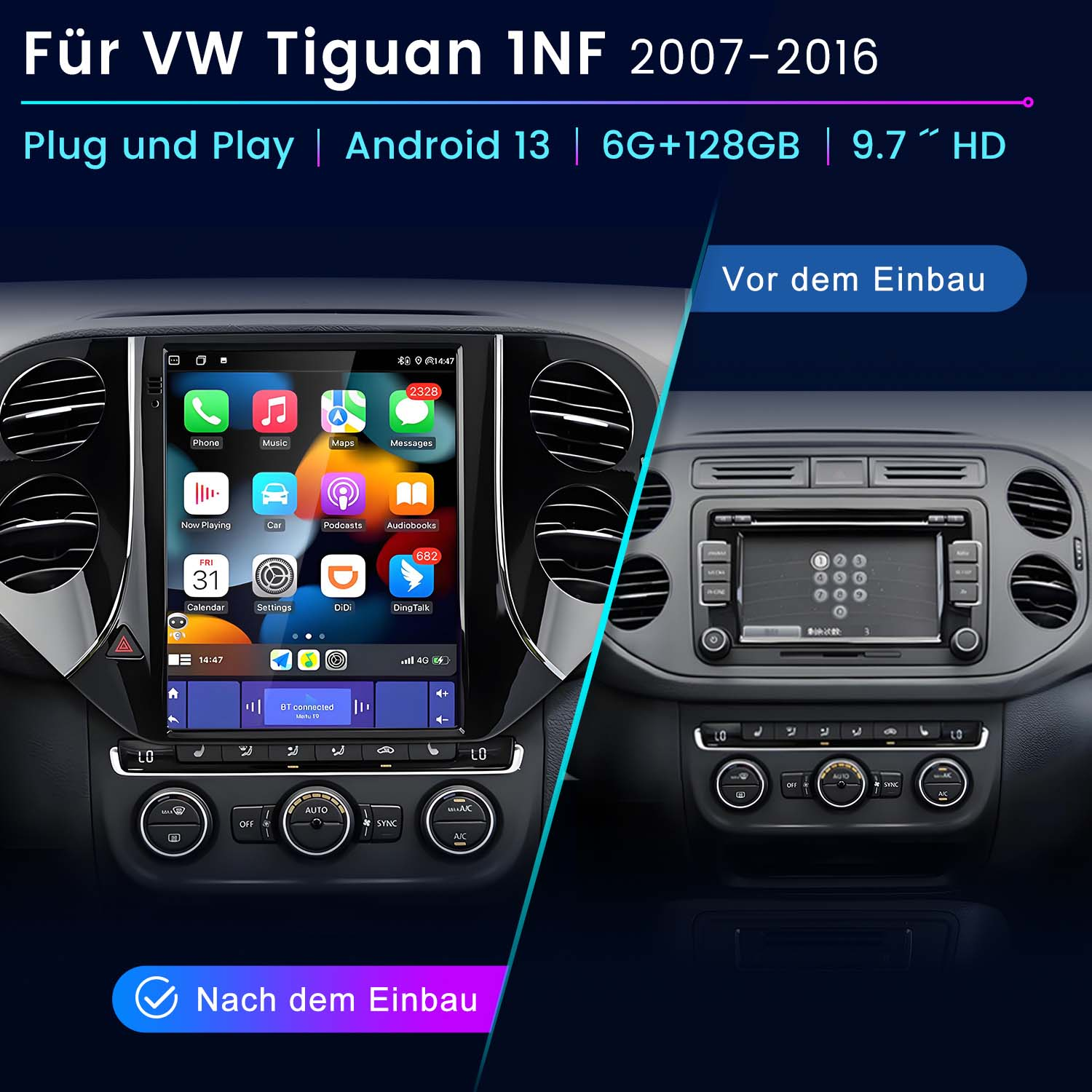 Autoradio-Einbau in einem Auto. Vor und nach der Installation mit Text auf Deutsch.