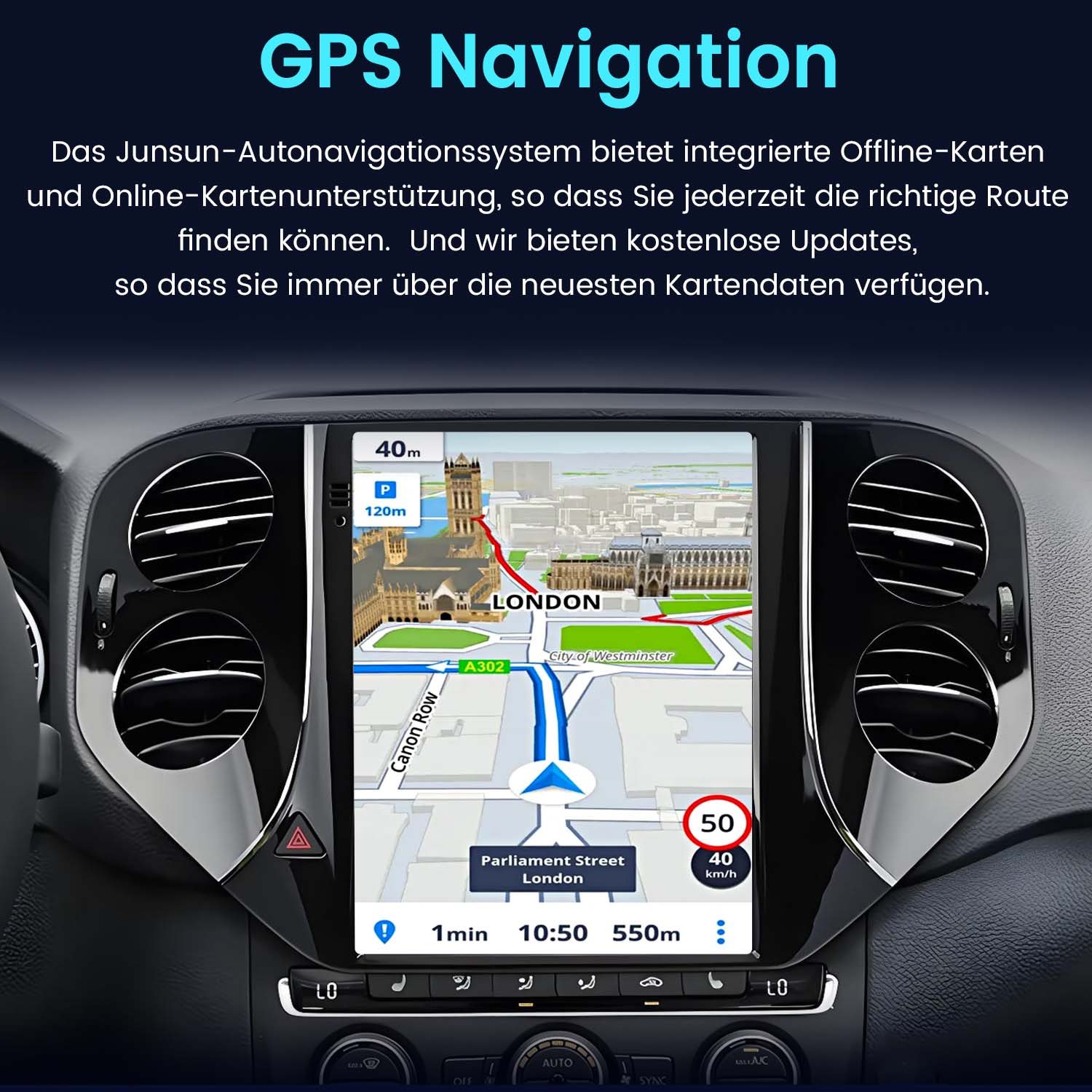 Ein Armaturenbrett zeigt eine GPS-Navigationskarte mit Route und Wegbeschreibung.