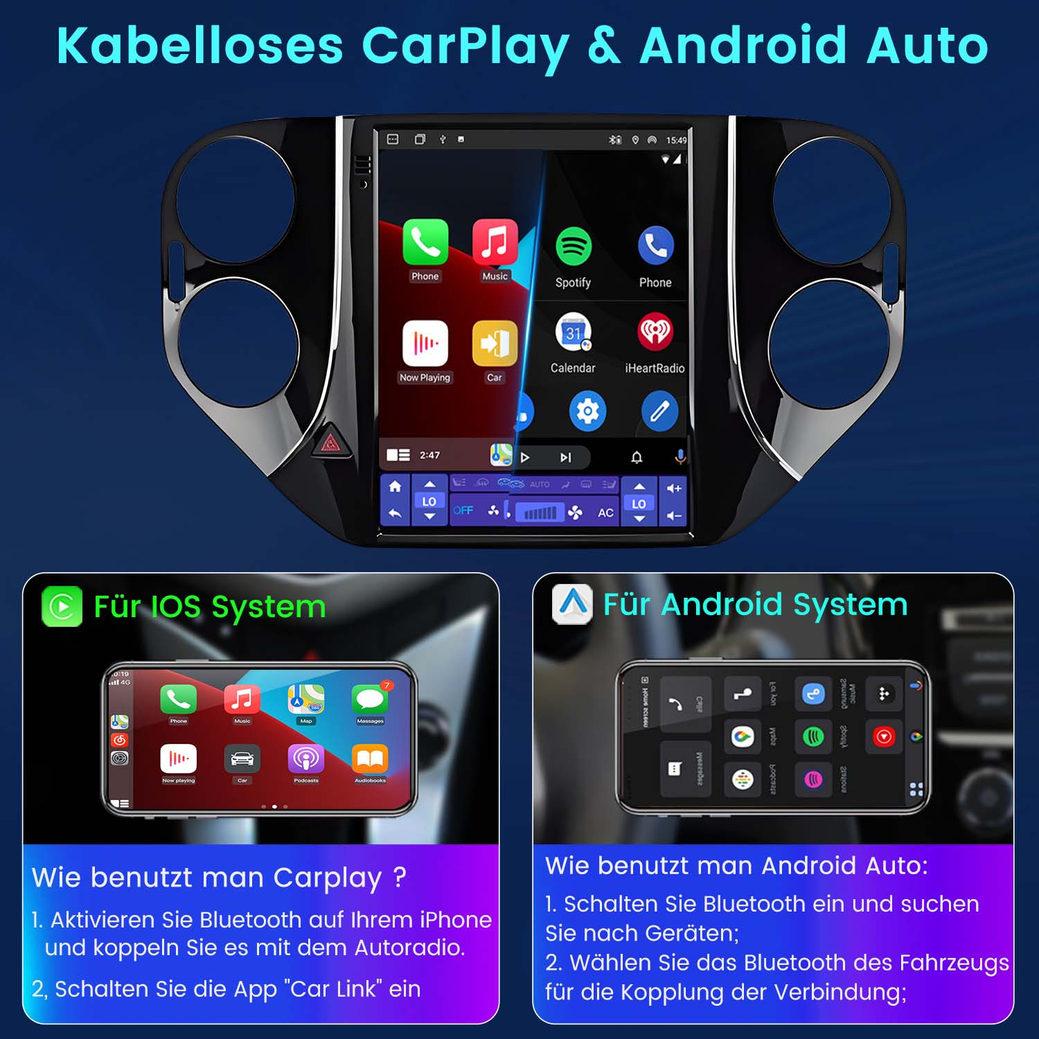 Auto-Infotainment-Bildschirm mit App-Symbolen. Darunter Anweisungen für iOS und Android.