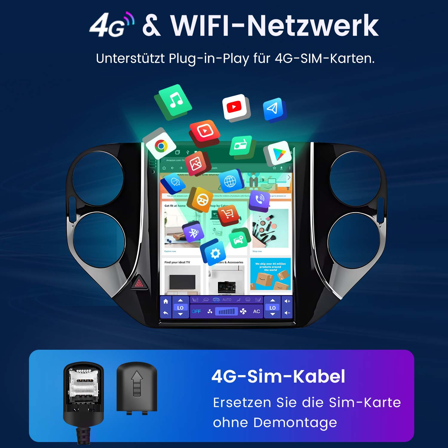 Ein Auto-Dashboard-Bildschirm zeigt App-Symbole, mit einem 4G-Sim-Kabel und einer schwarzen Antenne.