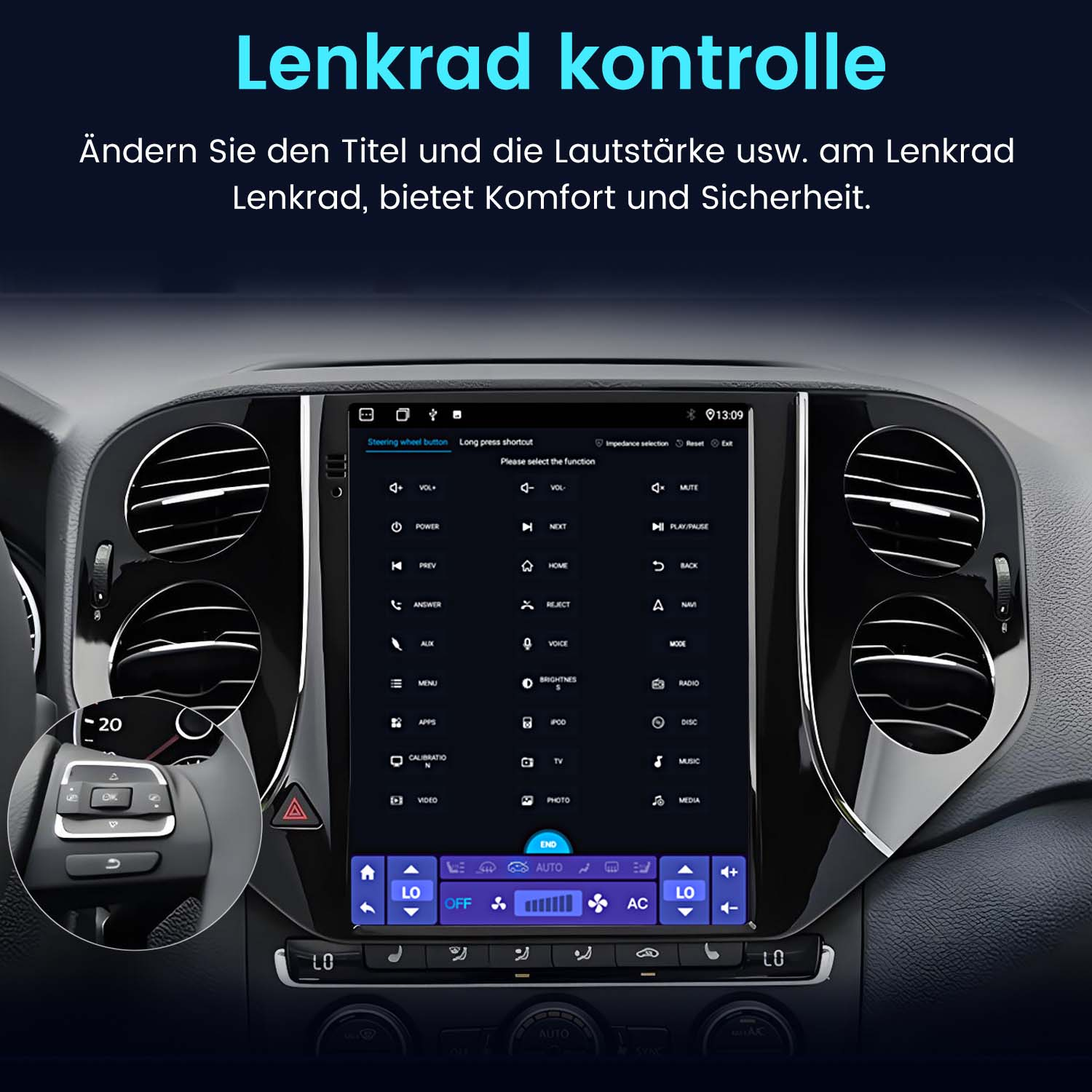 Armaturenbrett eines Autos mit Display und Lenkradtaste.