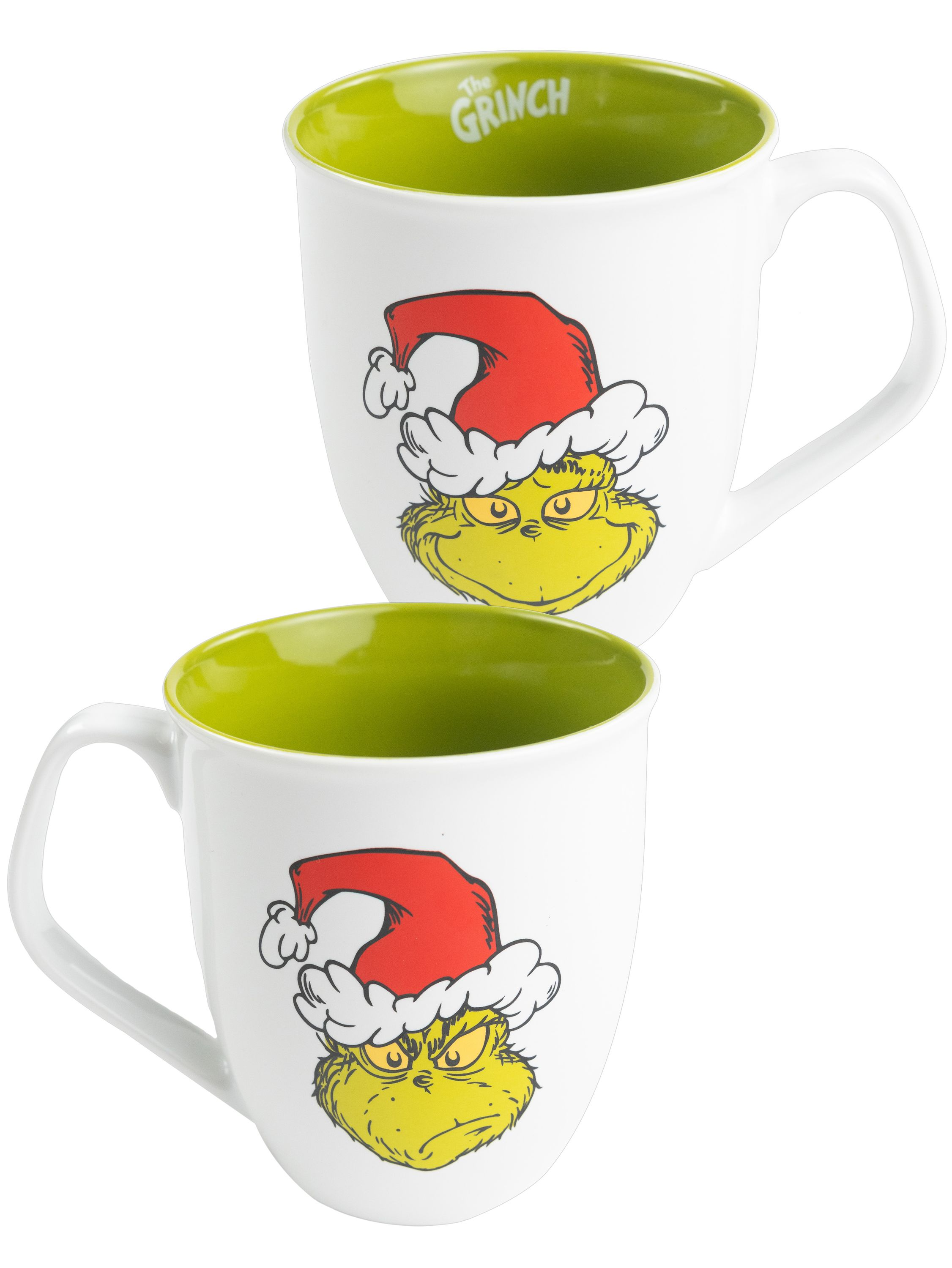 Zwei Tassen mit dem Grinch-Gesicht und rotem Hut. Grüner Innenraum. Weißer Hintergrund.