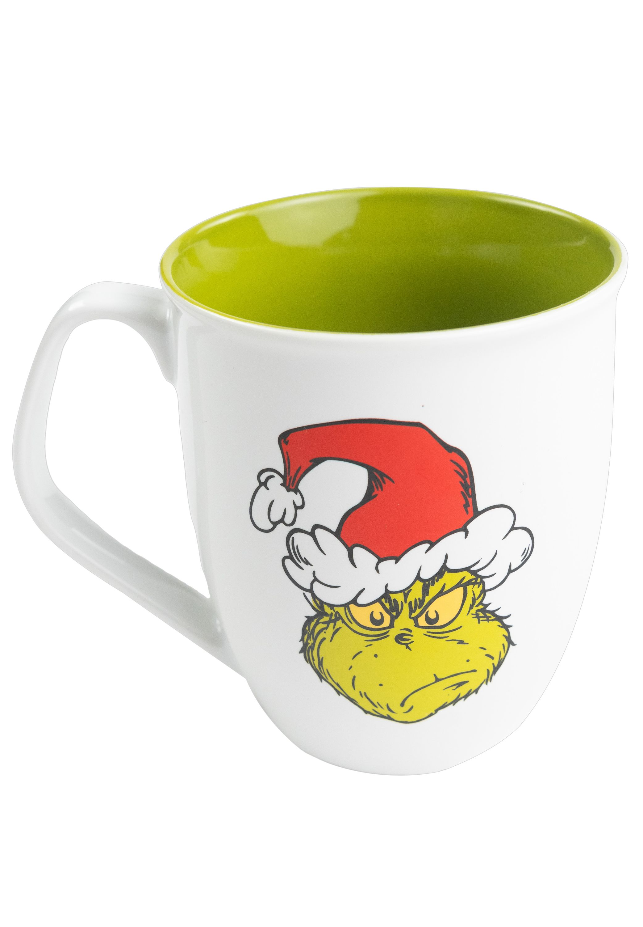 Eine weiße Tasse mit grünem Innenraum und dem Gesicht des Grinch auf der Vorderseite, der einen Weihnachtsmannhut trägt.
