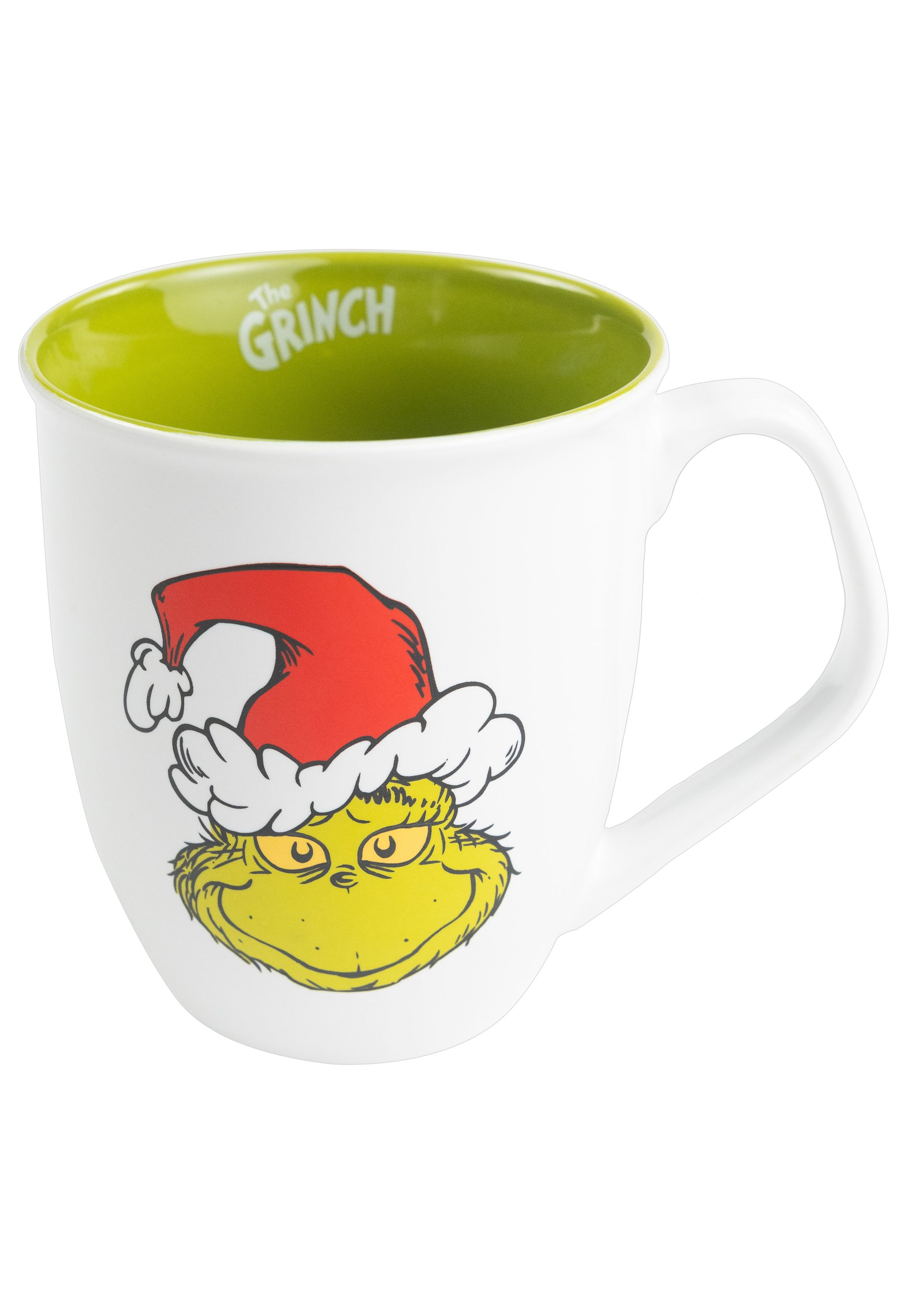 Weiße Tasse mit Grinch-Gesicht und rotem Weihnachtsmützen-Design, grüner Innenraum.