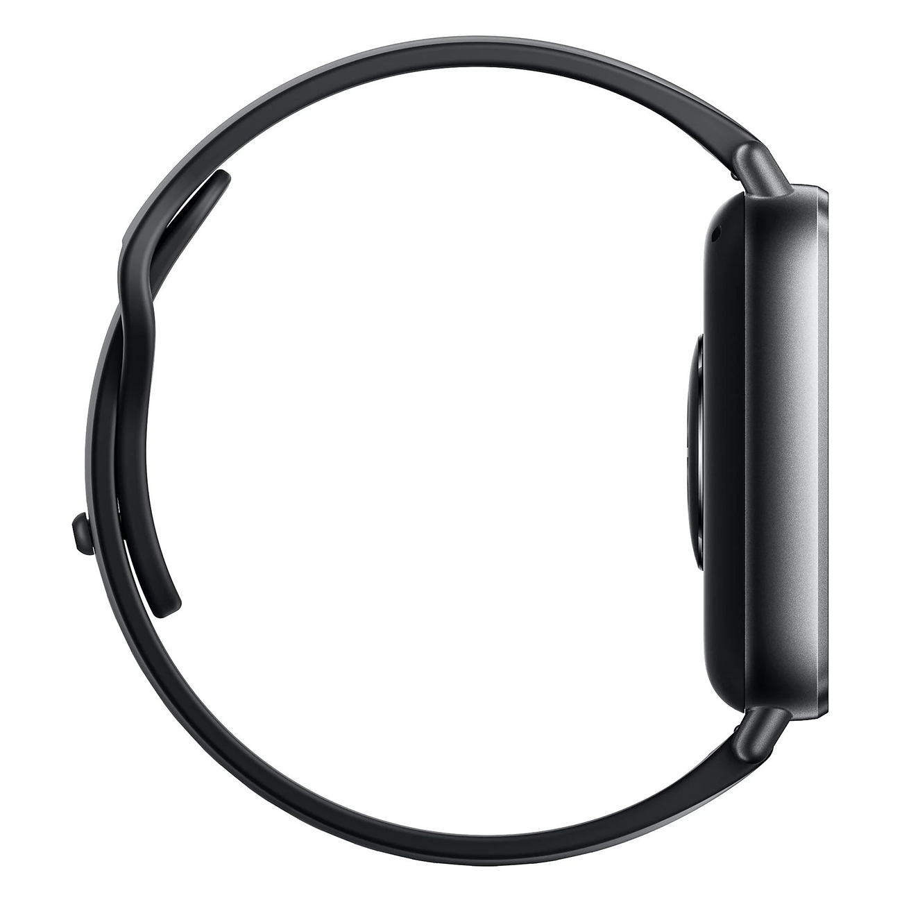 Seitenansicht einer schwarzen Smartwatch mit quadratischem Zifferblatt und schwarzem Armband.