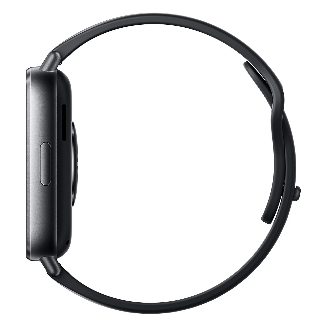 Seitenansicht einer schwarzen Smartwatch mit rechteckigem Bildschirm und schwarzem Armband, zeigt die Seitentaste.