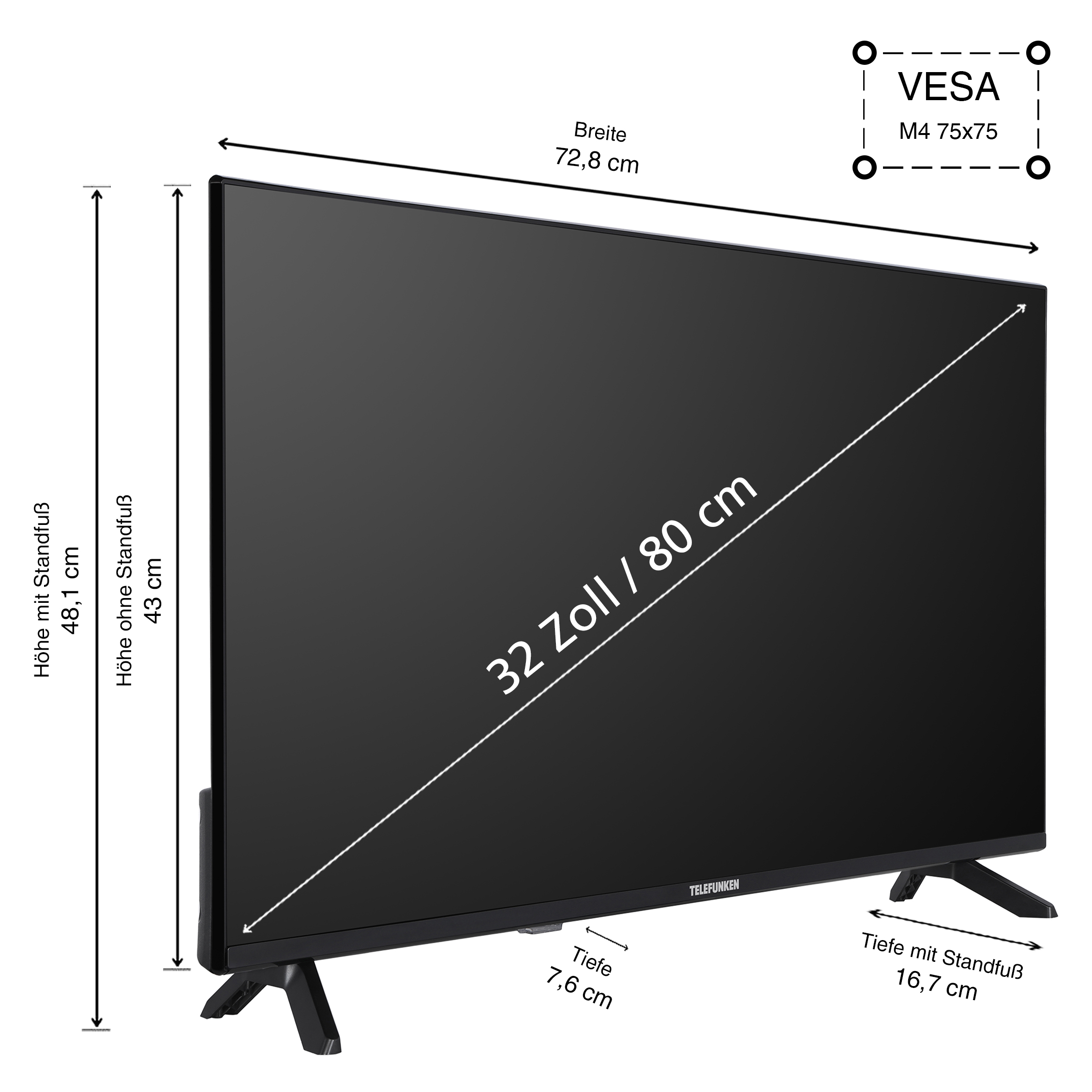 Schwarzer Flachbildfernseher mit Abmessungen, auf einem schwarzen Ständer, weiße Linien und Text.