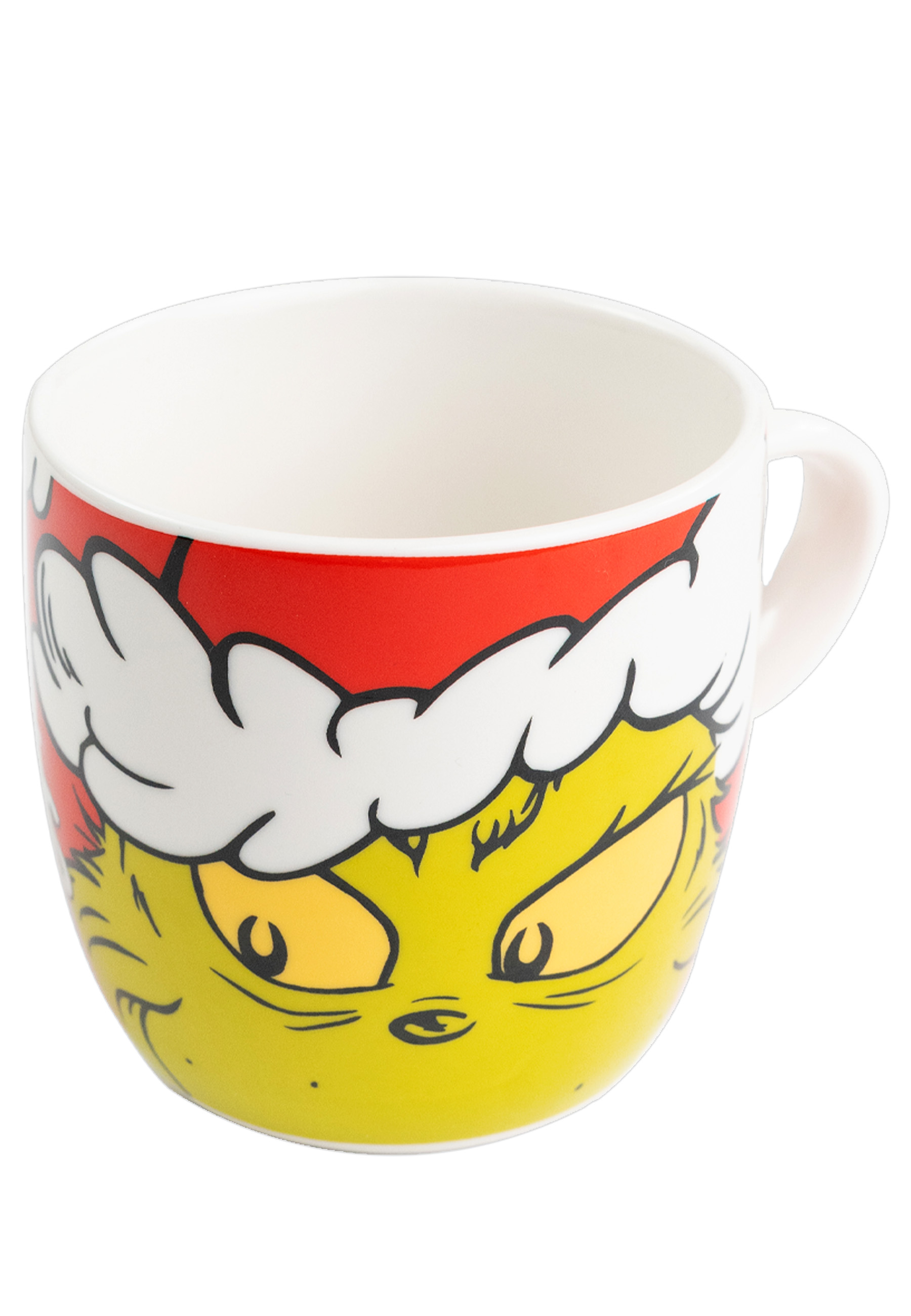 Tasse im Grinch-Design mit dem Gesicht des Grinch. Roter Hut, gelbes Gesicht und weißer Hintergrund.