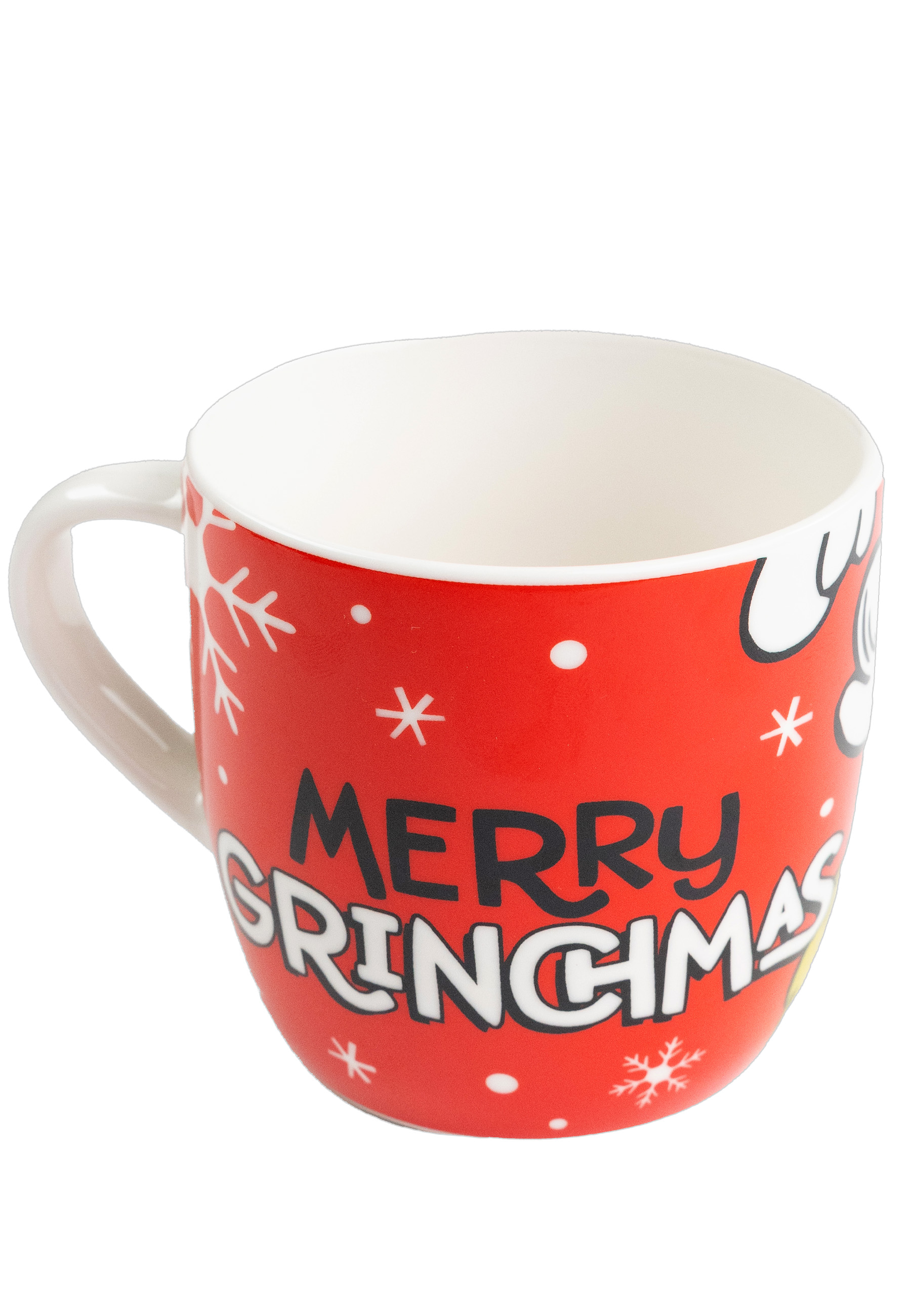 Eine rote Tasse mit weißen Schneeflocken und dem Text 'MERRY GRINCHMAS'.