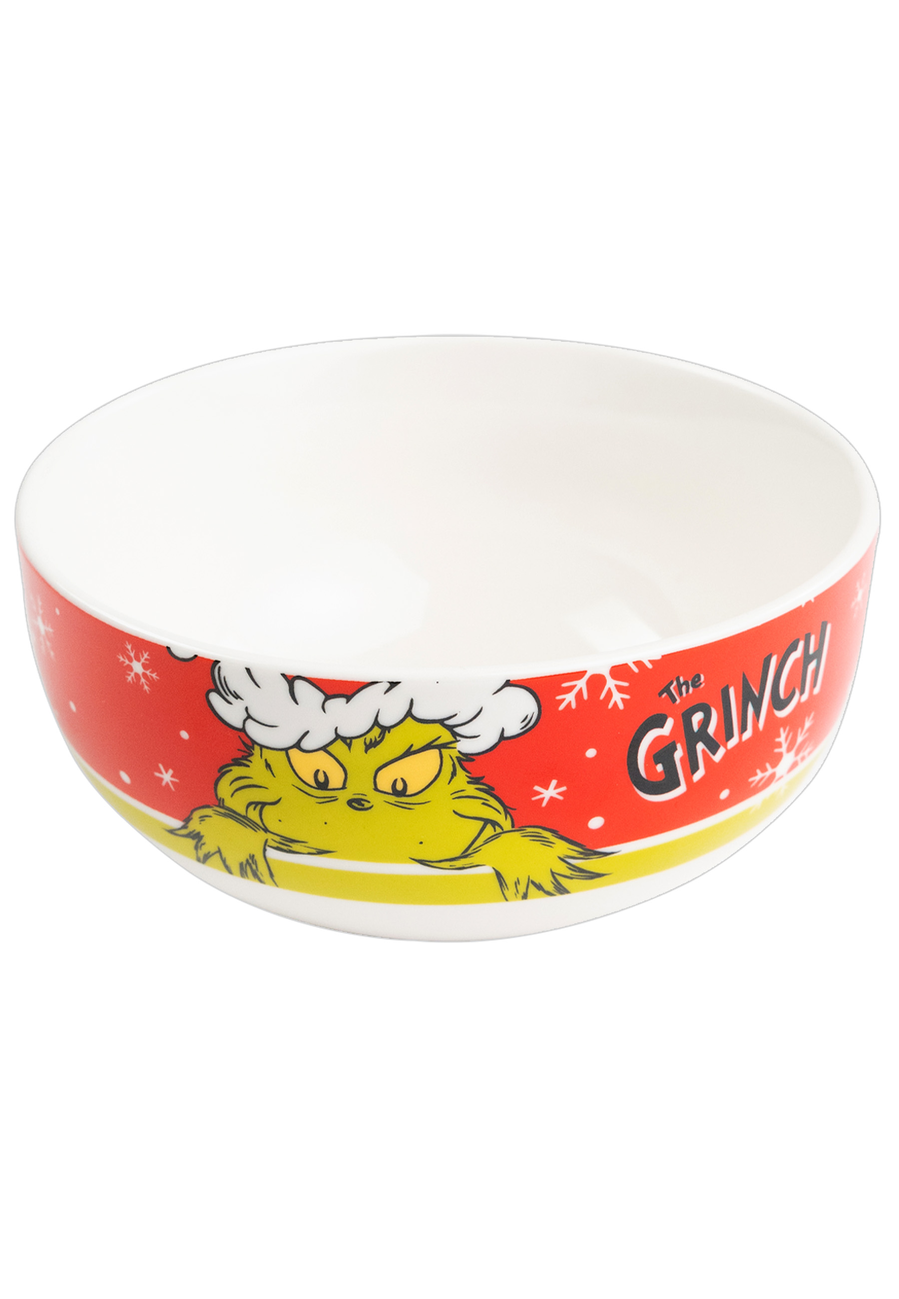 Eine weiße Schüssel mit dem Gesicht des Grinch am roten Rand. Schneeflocken sind ebenfalls vorhanden.