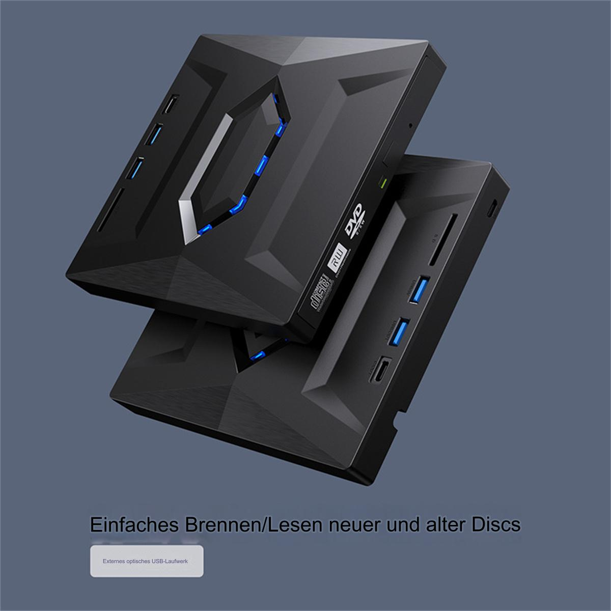 Schwarzes externes DVD-Laufwerk mit USB-Anschlüssen und Text: 'Einfaches Brennen/Lesen'.