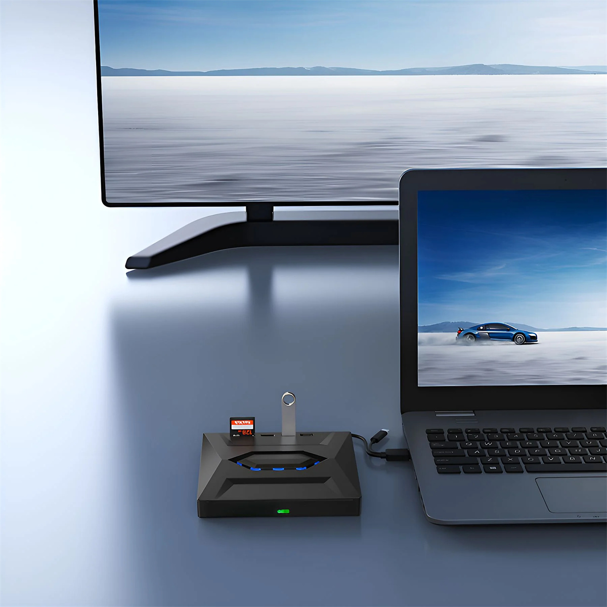 Dockingstation mit Laptop und Fernseher. USB-Laufwerk eingesetzt. Bildschirm zeigt ein Auto auf der Straße.