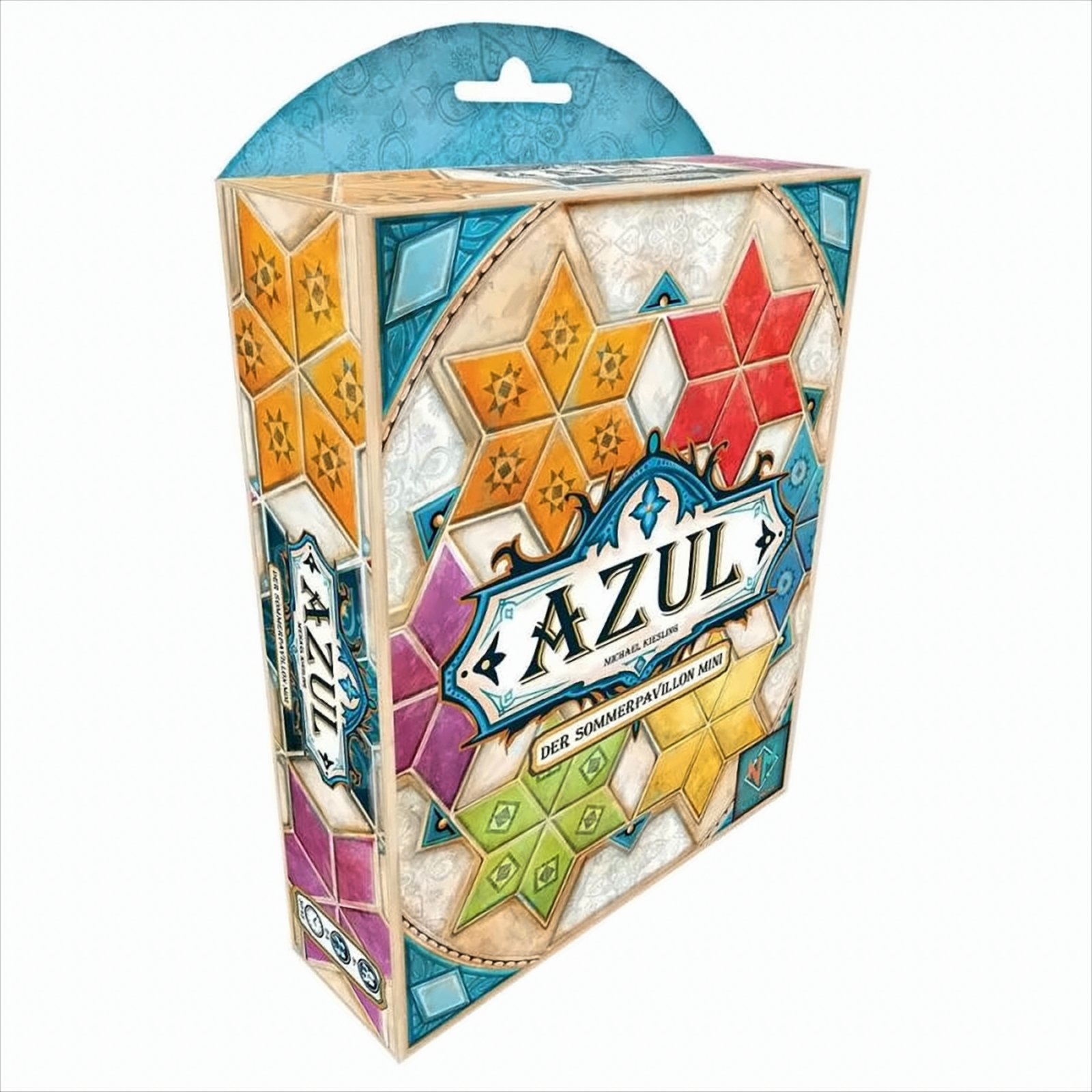 Eine Spielbox mit bunten geometrischen Designs. Die Box hat den Spieletitel 'AZUL' und 'Der Sommerpavillon Mini'.